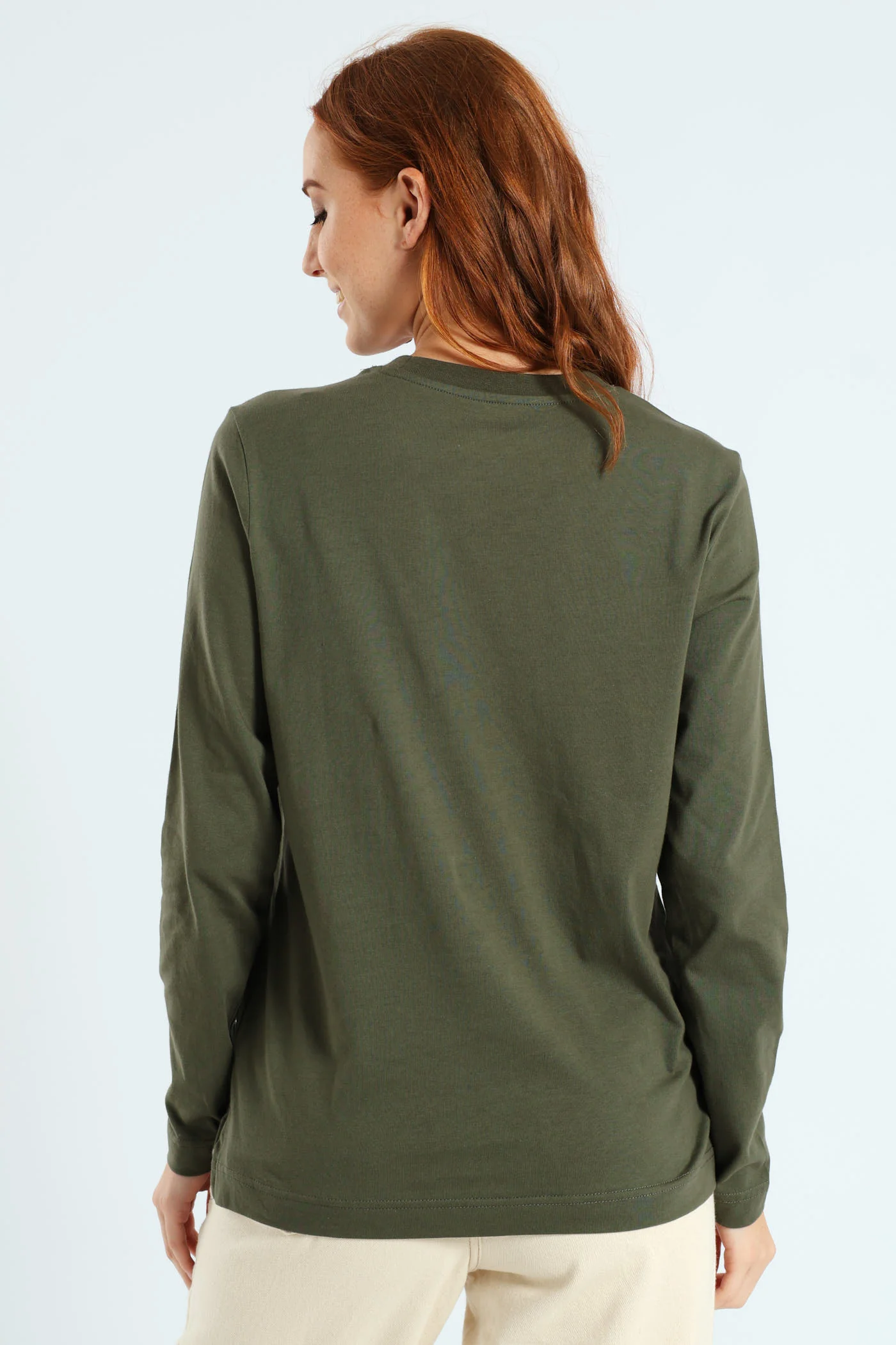 Long Sleeve Boxy Step Hem Crewneck Top - Military Green - Image 3