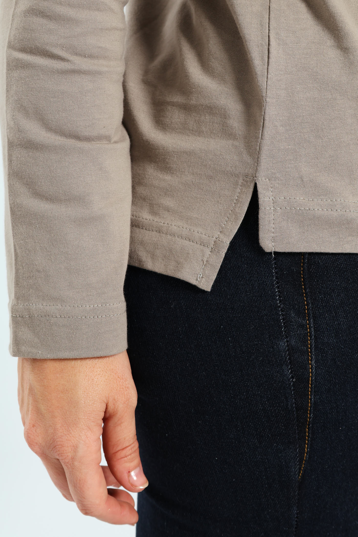 Long Sleeve Boxy Step Hem Crewneck Top - Taupe - Image 2