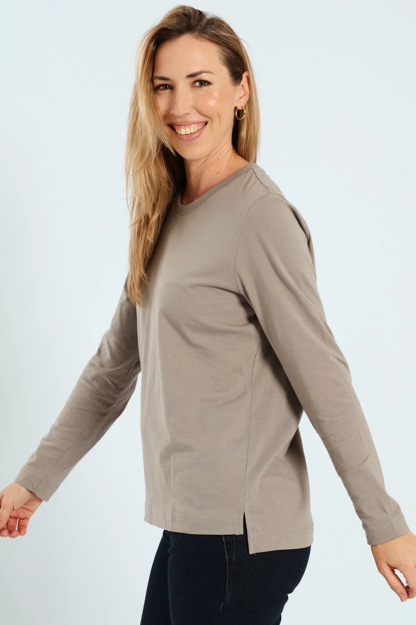 Long Sleeve Boxy Step Hem Crewneck Top - Taupe - Image 3