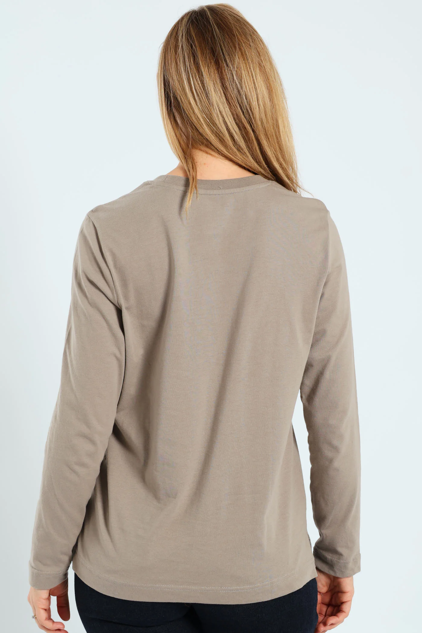 Long Sleeve Boxy Step Hem Crewneck Top - Taupe - Image 4