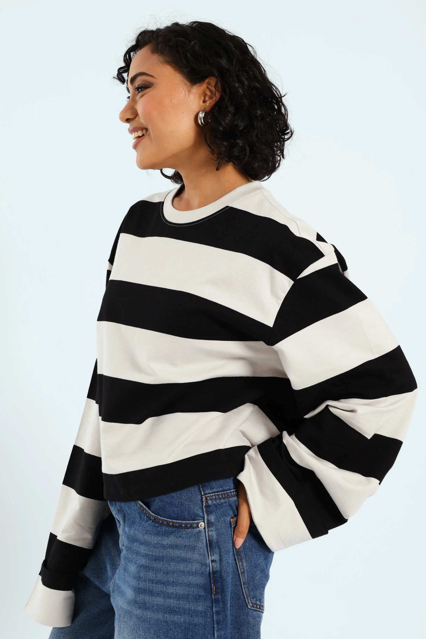 Long Sleeve Boxy Stripe Tee - Black/White - Image 4