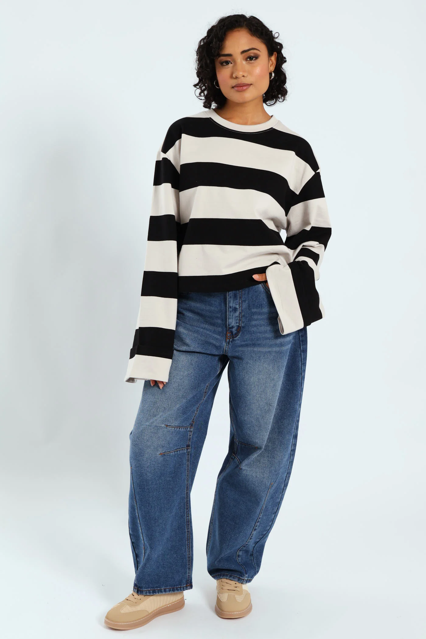 Long Sleeve Boxy Stripe Tee - Black/White - Image 5