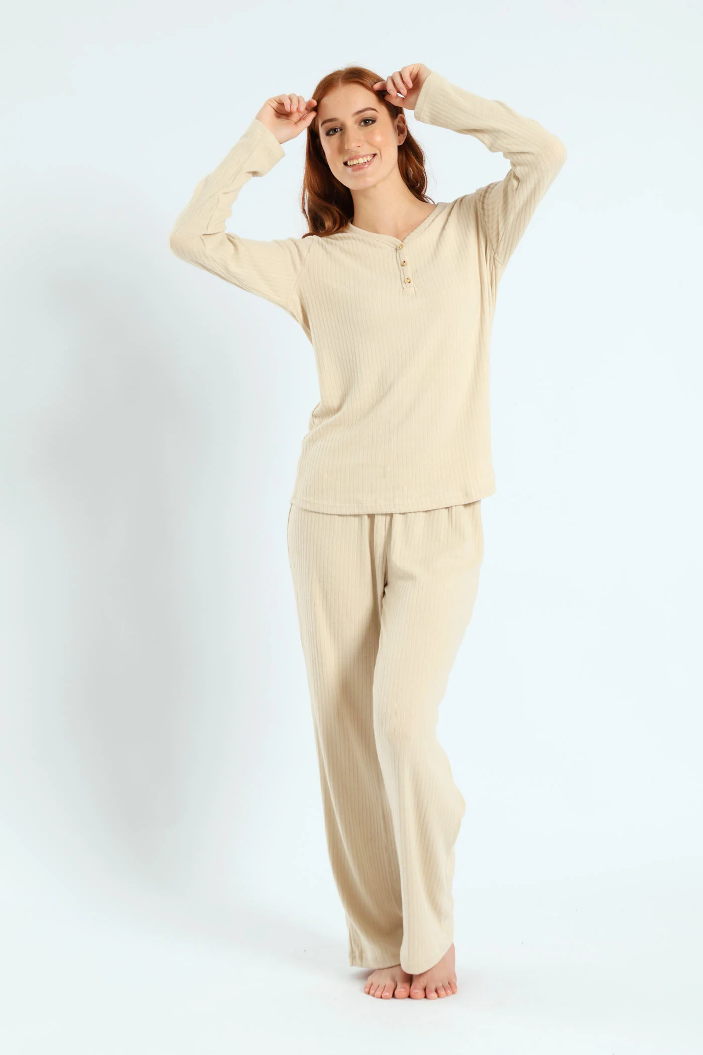 Long Sleeve Brushed Rib Tee - Beige - Image 2