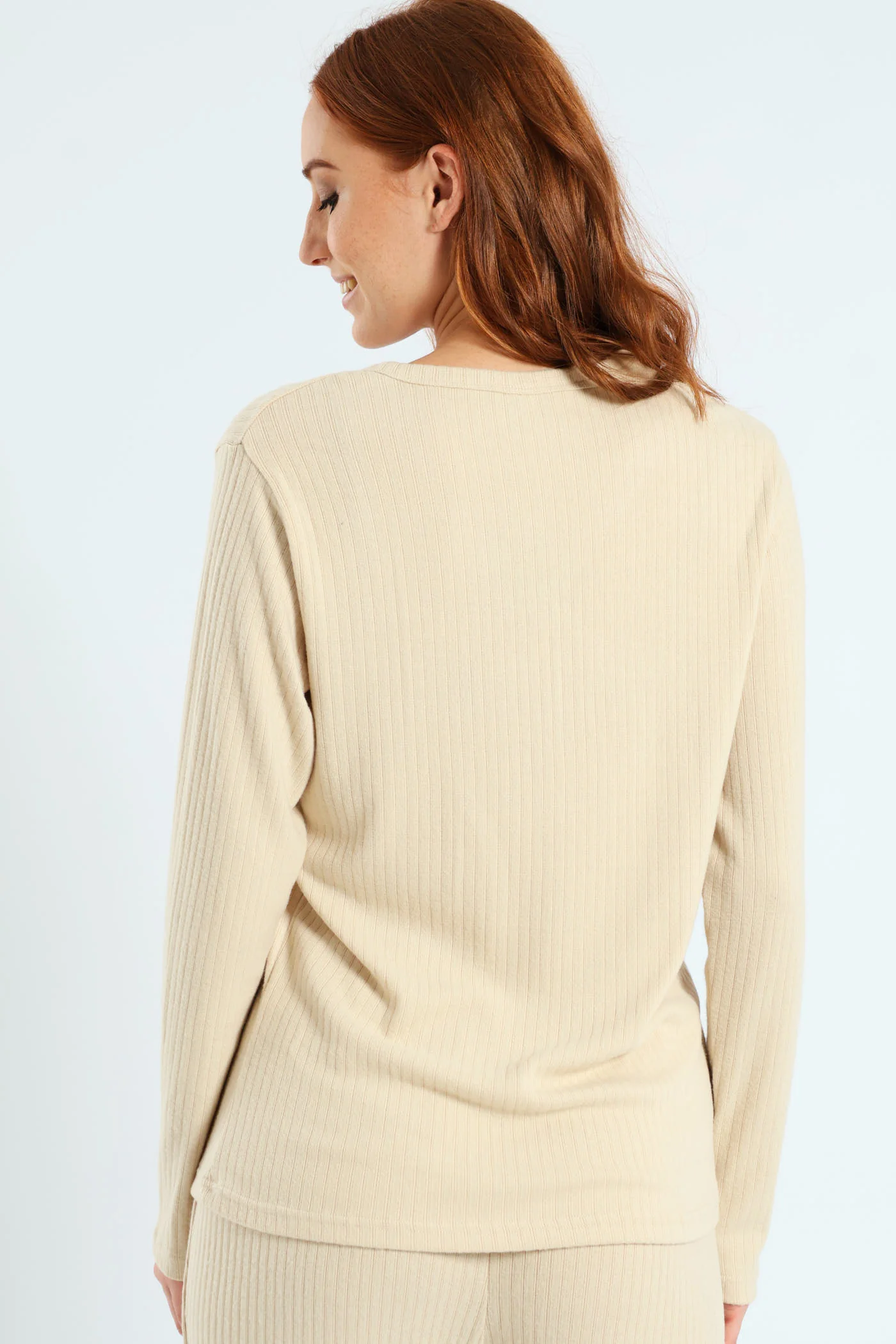Long Sleeve Brushed Rib Tee - Beige - Image 4