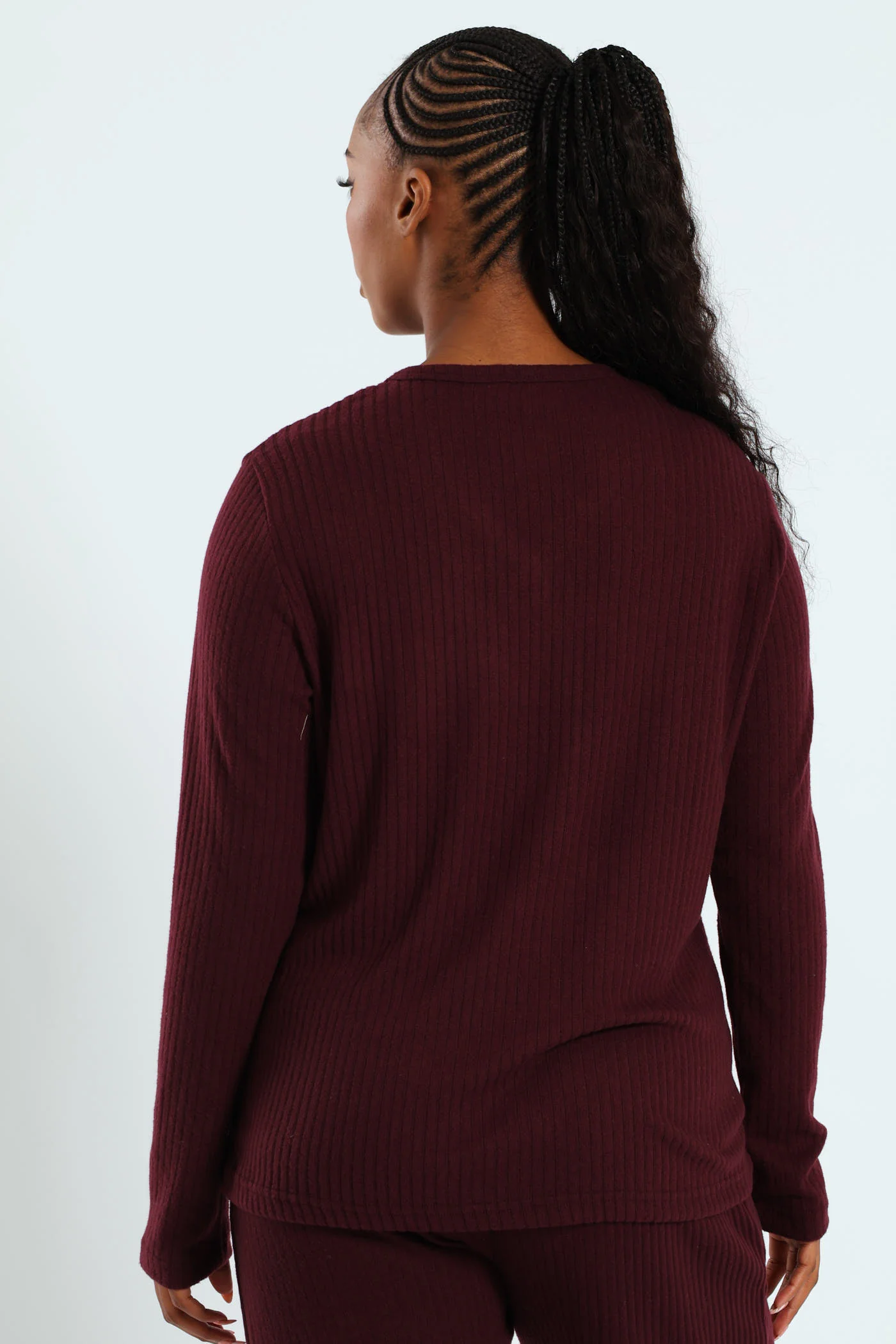 Long Sleeve Brushed Rib Tee - Wine - Image 3