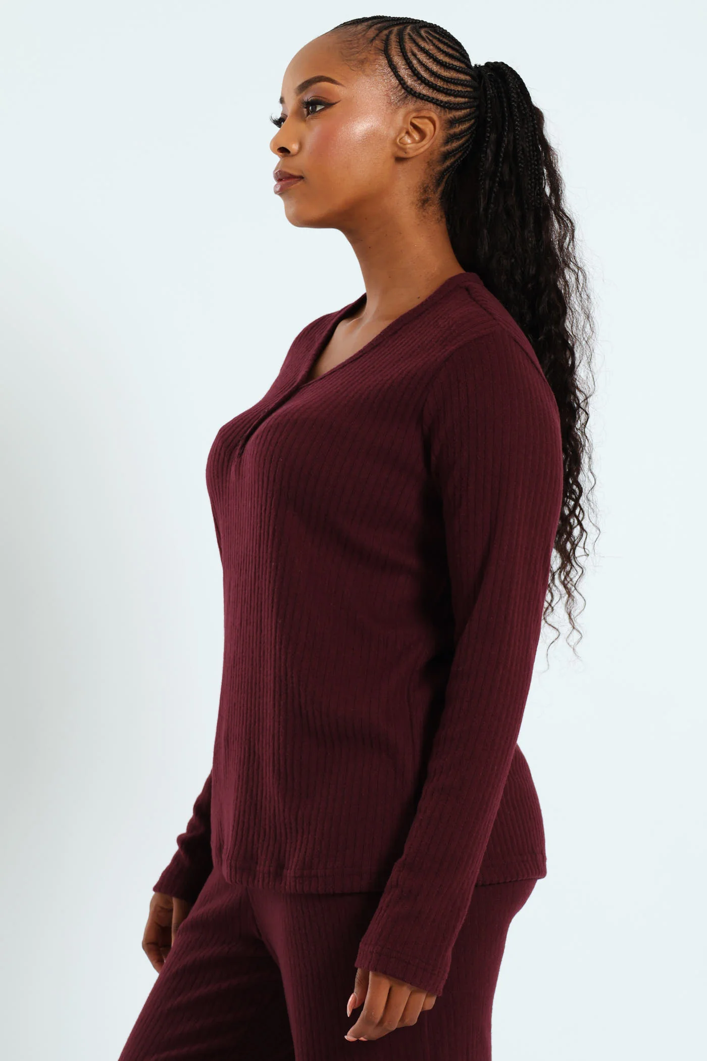 Long Sleeve Brushed Rib Tee - Wine - Image 4