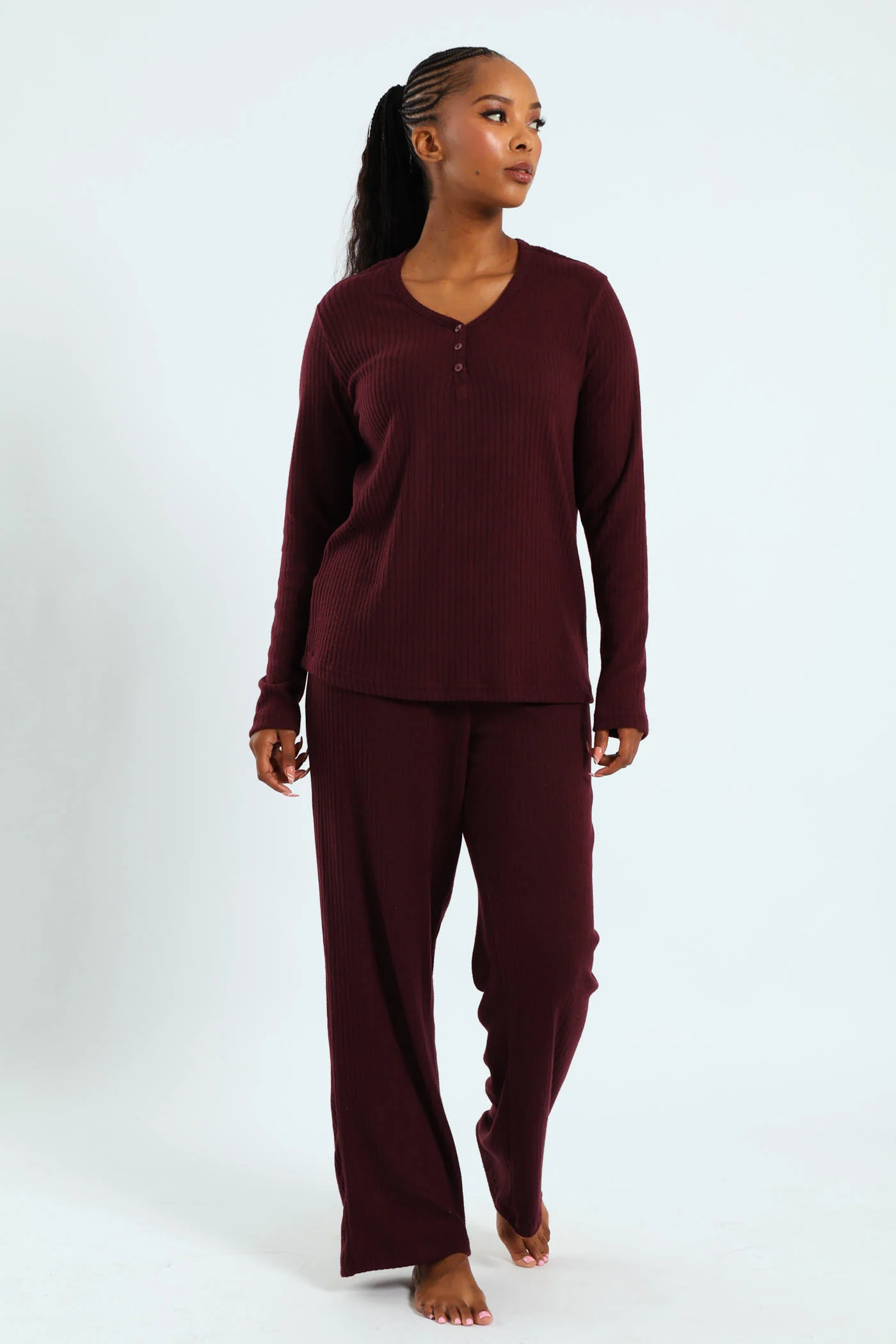 Long Sleeve Brushed Rib Tee - Wine - Image 5