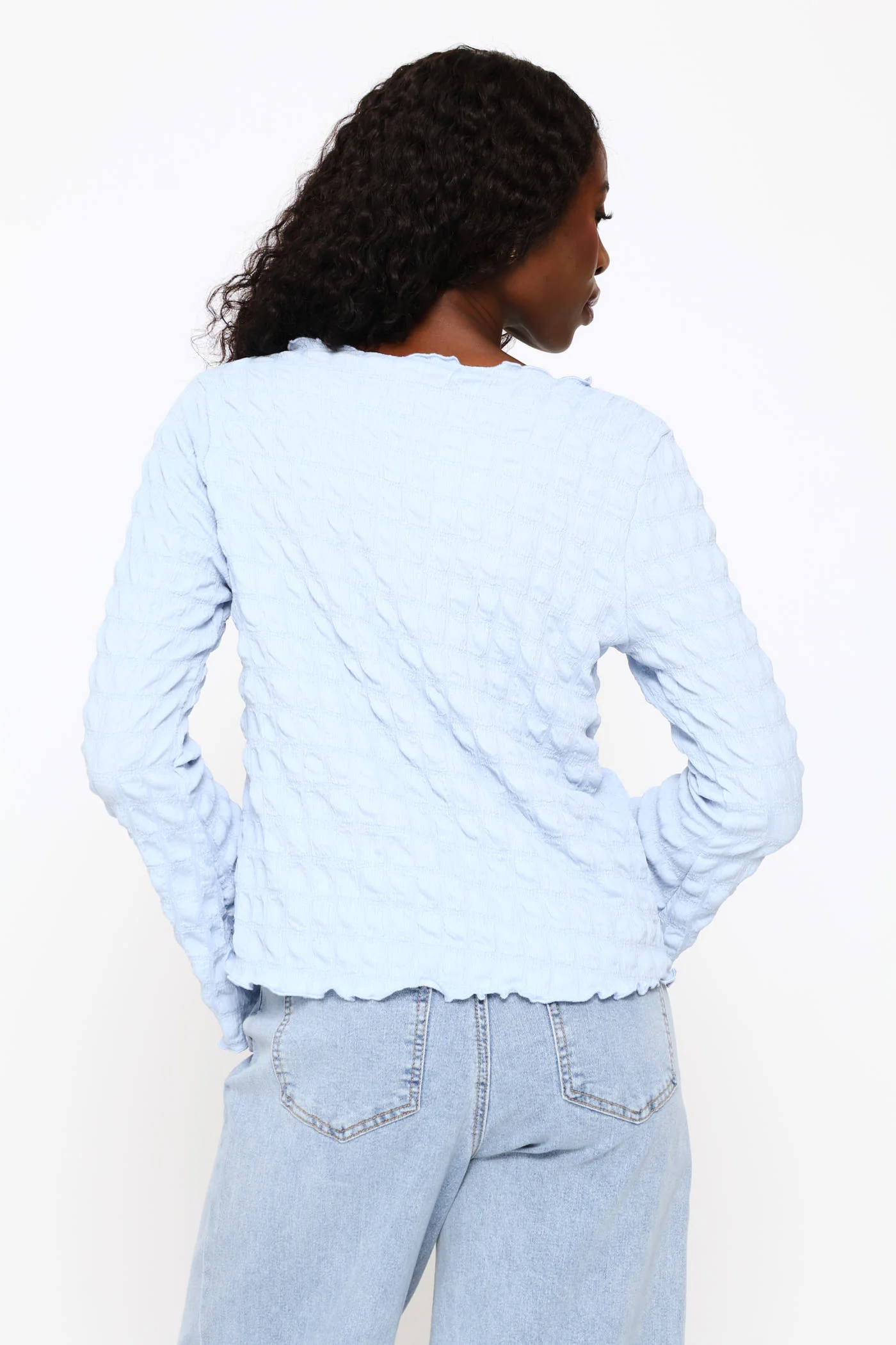 Long Sleeve Bubble Crinkle Tee - Light Blue - Image 3