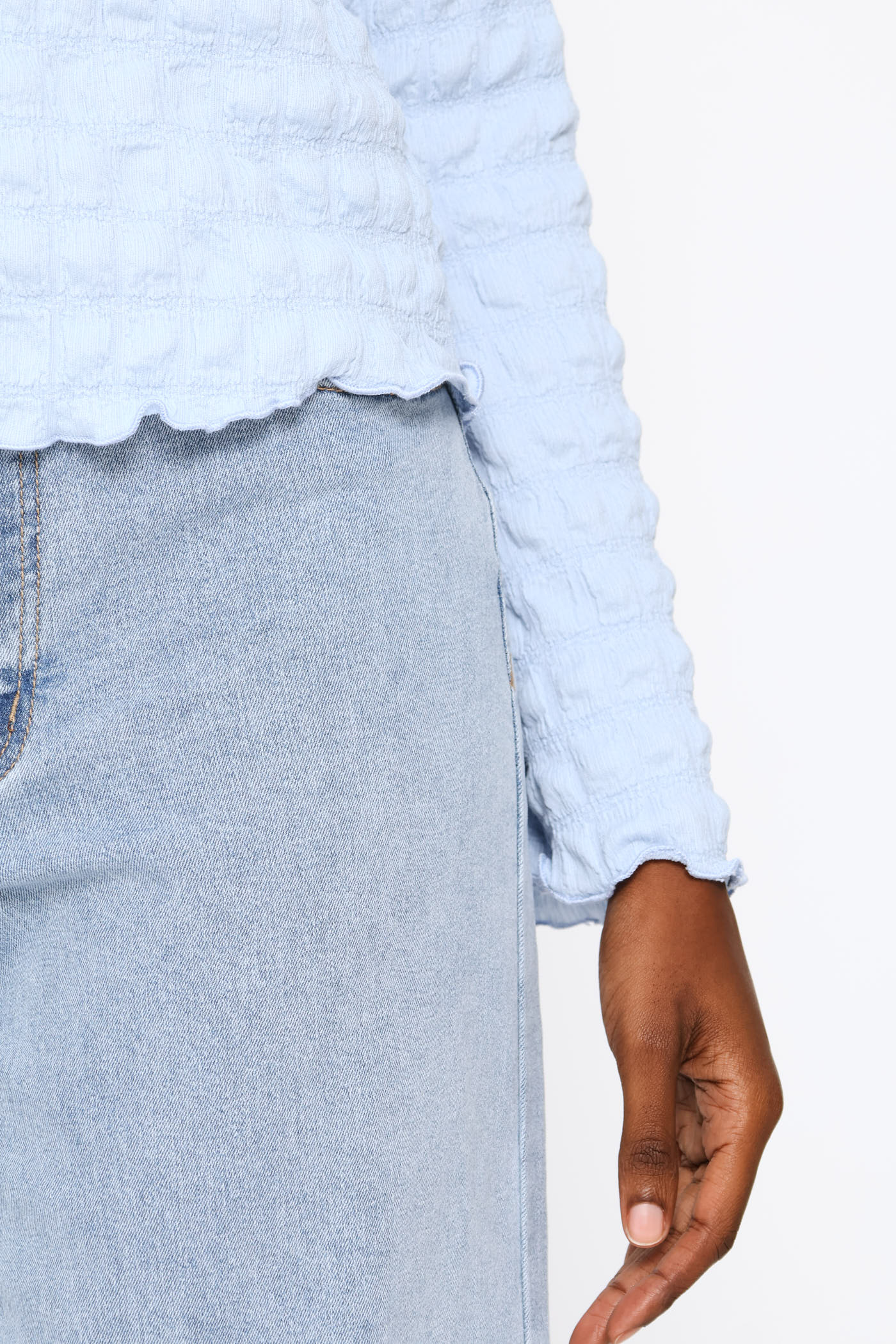 Long Sleeve Bubble Crinkle Tee - Light Blue - Image 4