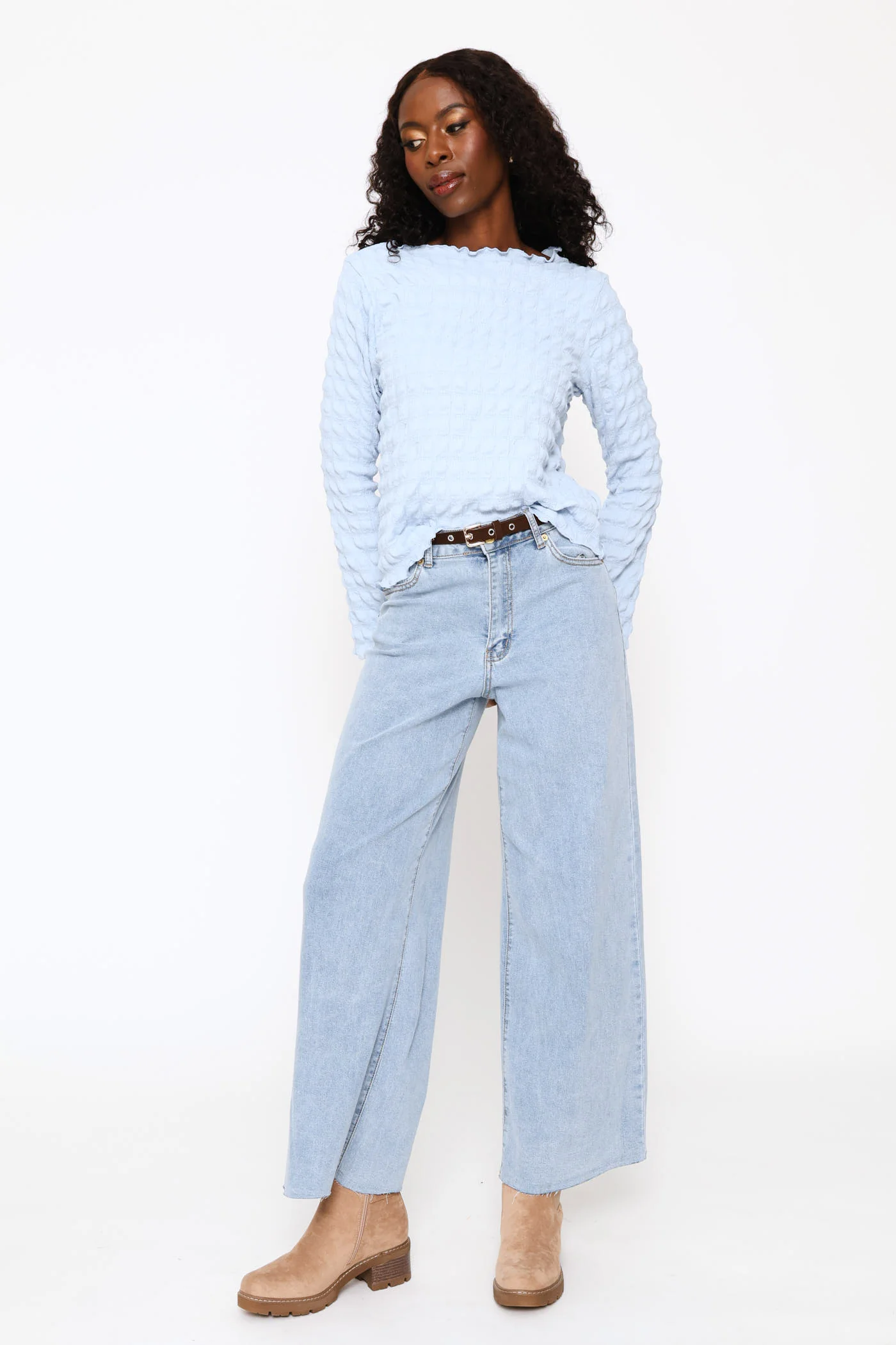 Long Sleeve Bubble Crinkle Tee - Light Blue - Image 5