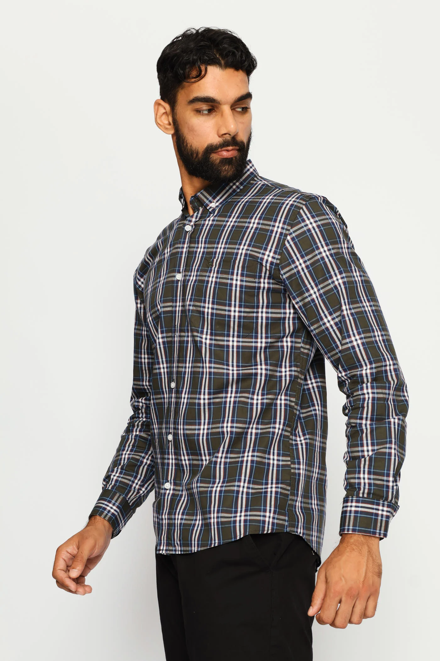 Long Sleeve Button Down Check Shirt - Fatigue/Blue/White - Image 3