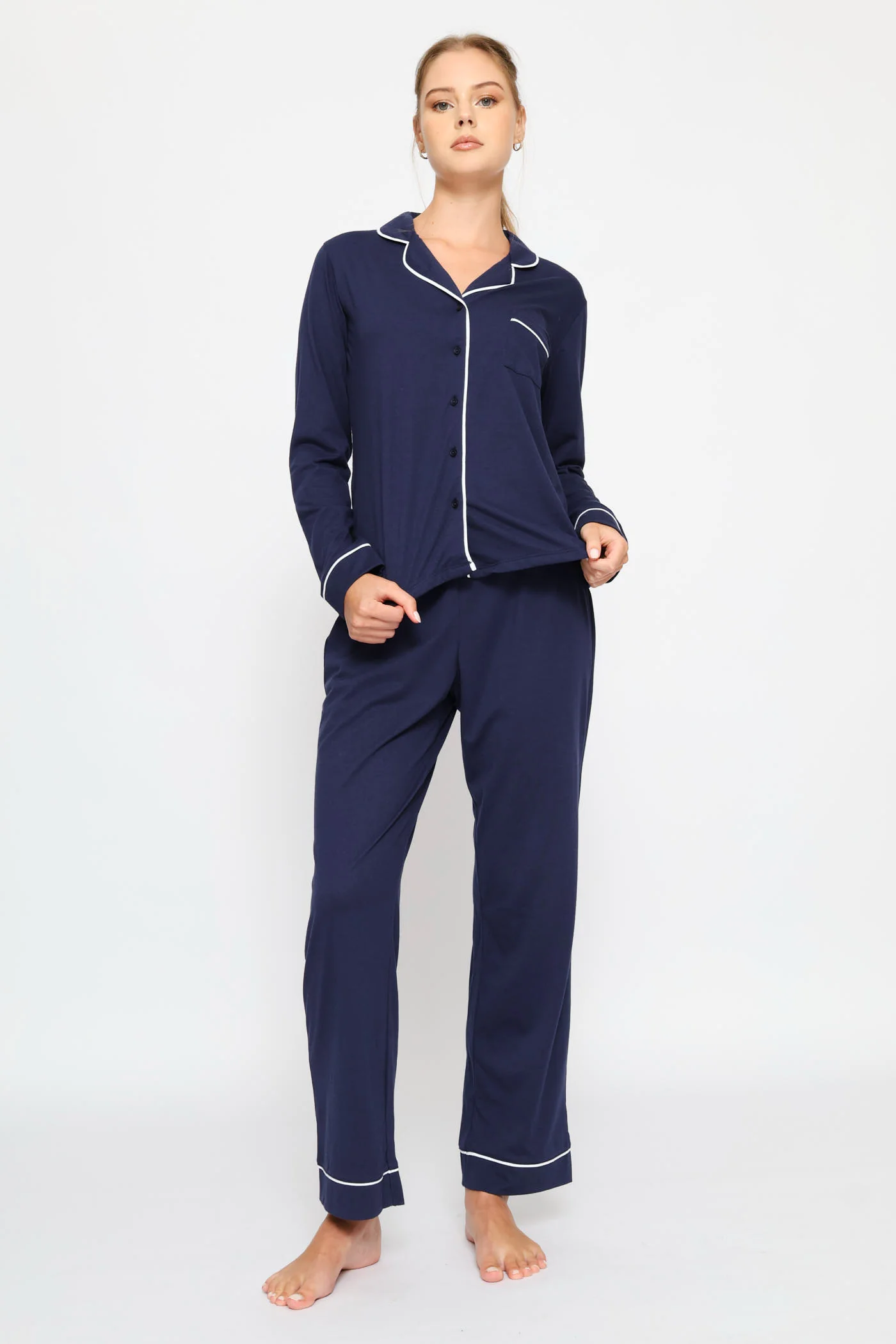 Long Sleeve Button Thorugh & Knit Pant Set With Scrunchie - Navy - Image 3