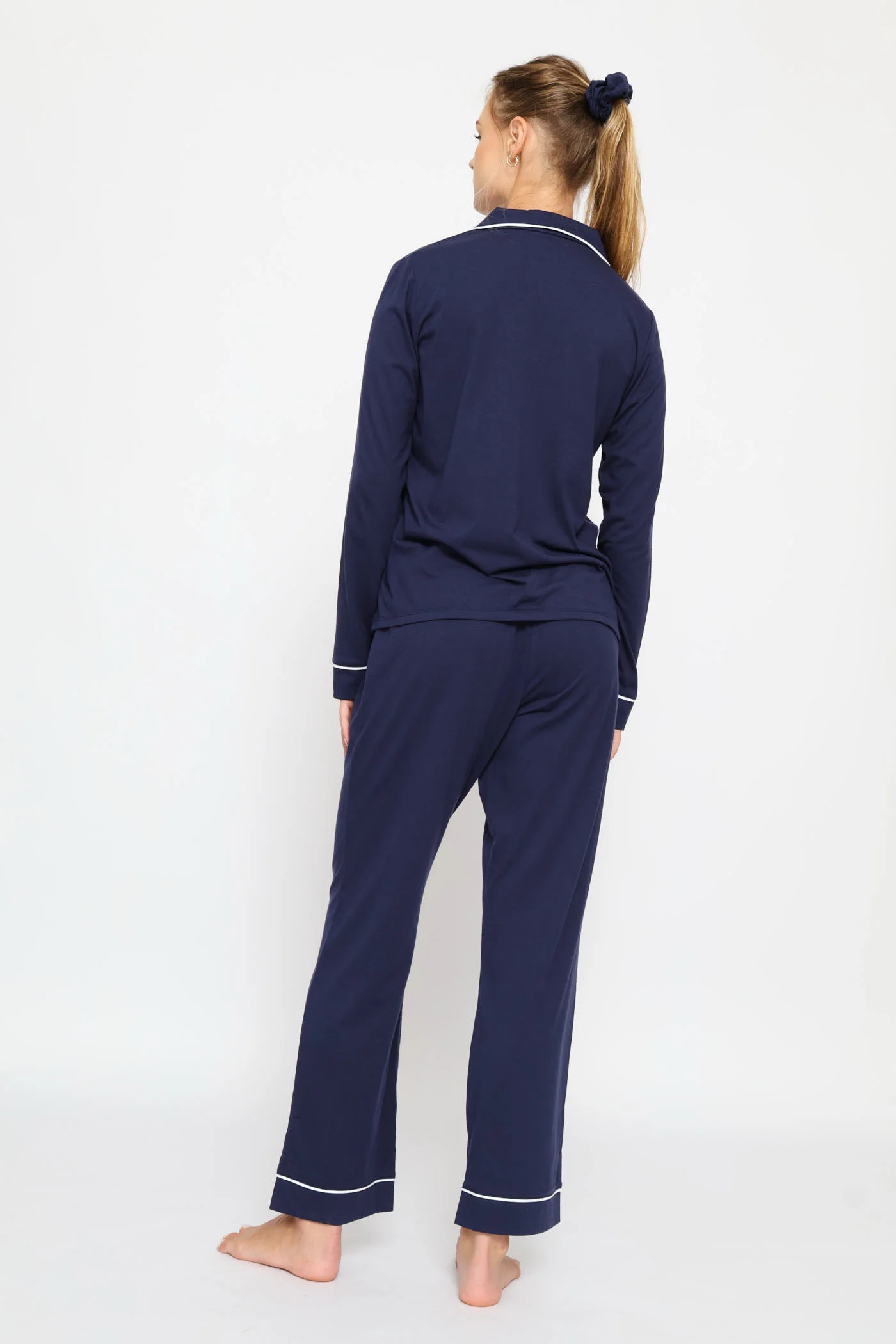 Long Sleeve Button Thorugh & Knit Pant Set With Scrunchie - Navy - Image 5