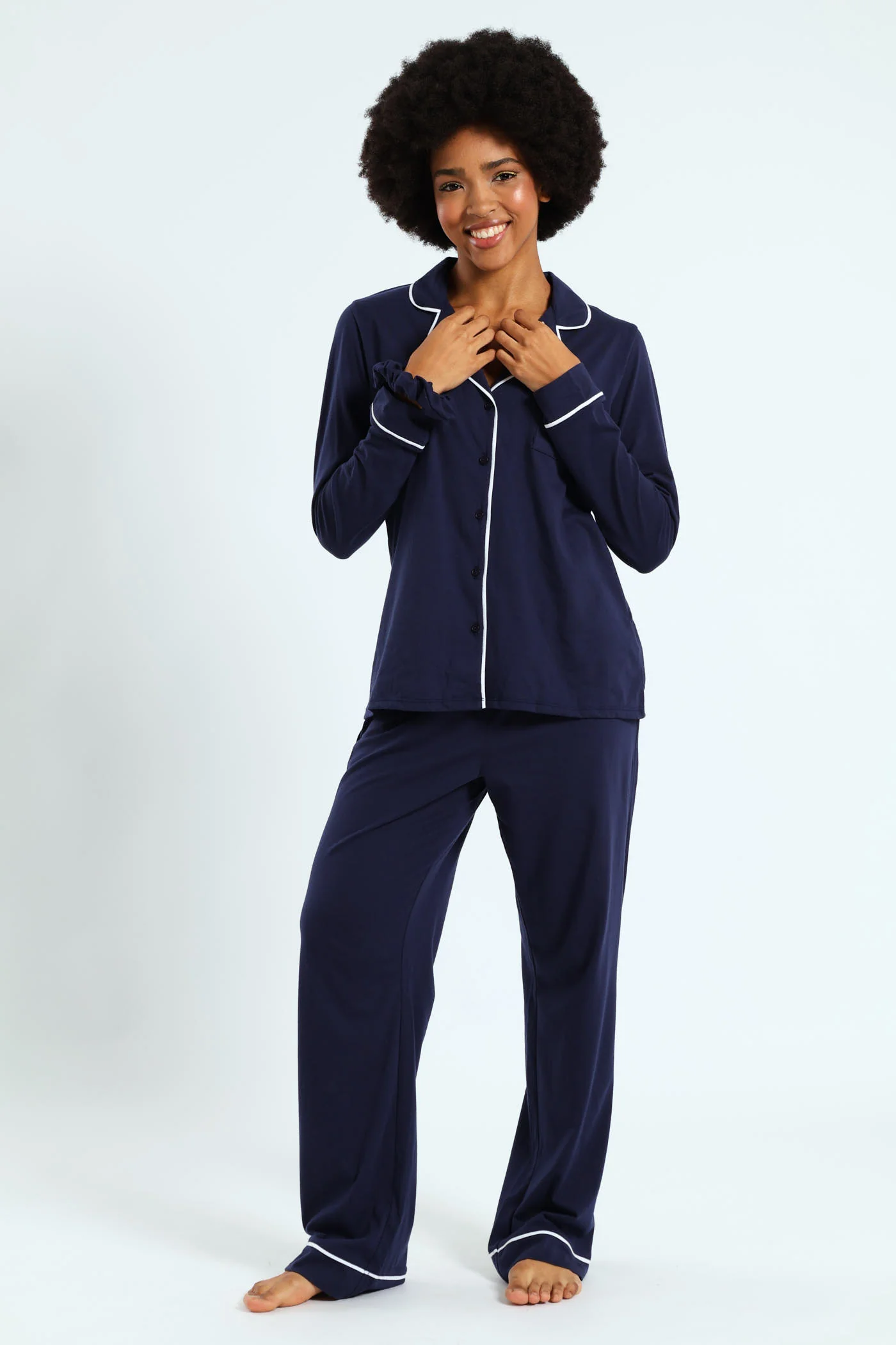 Long Sleeve Button Thorugh & Knit Pant Set With Scrunchie - Navy - Image 6