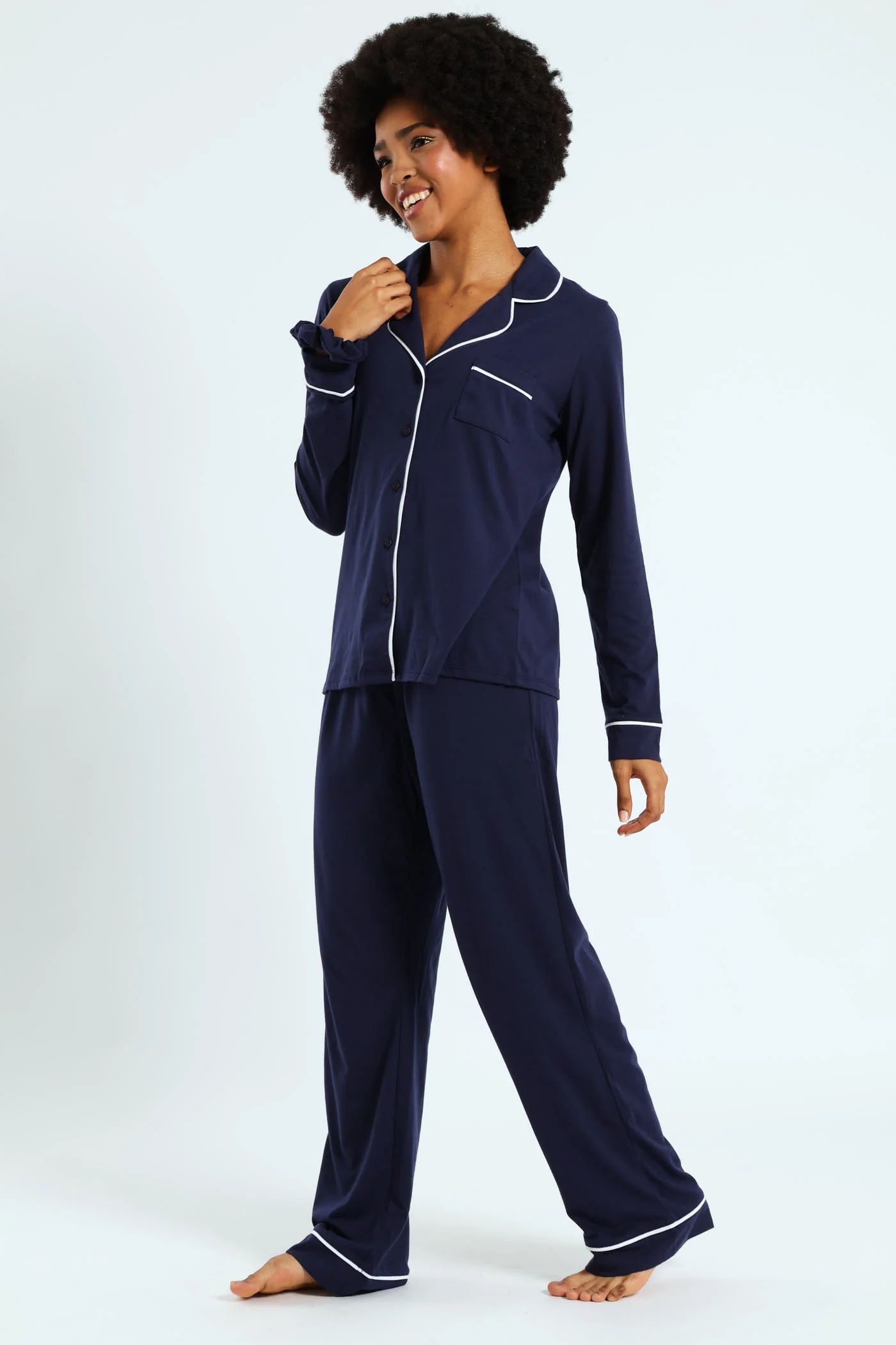 Long Sleeve Button Thorugh & Knit Pant Set With Scrunchie - Navy - Image 8