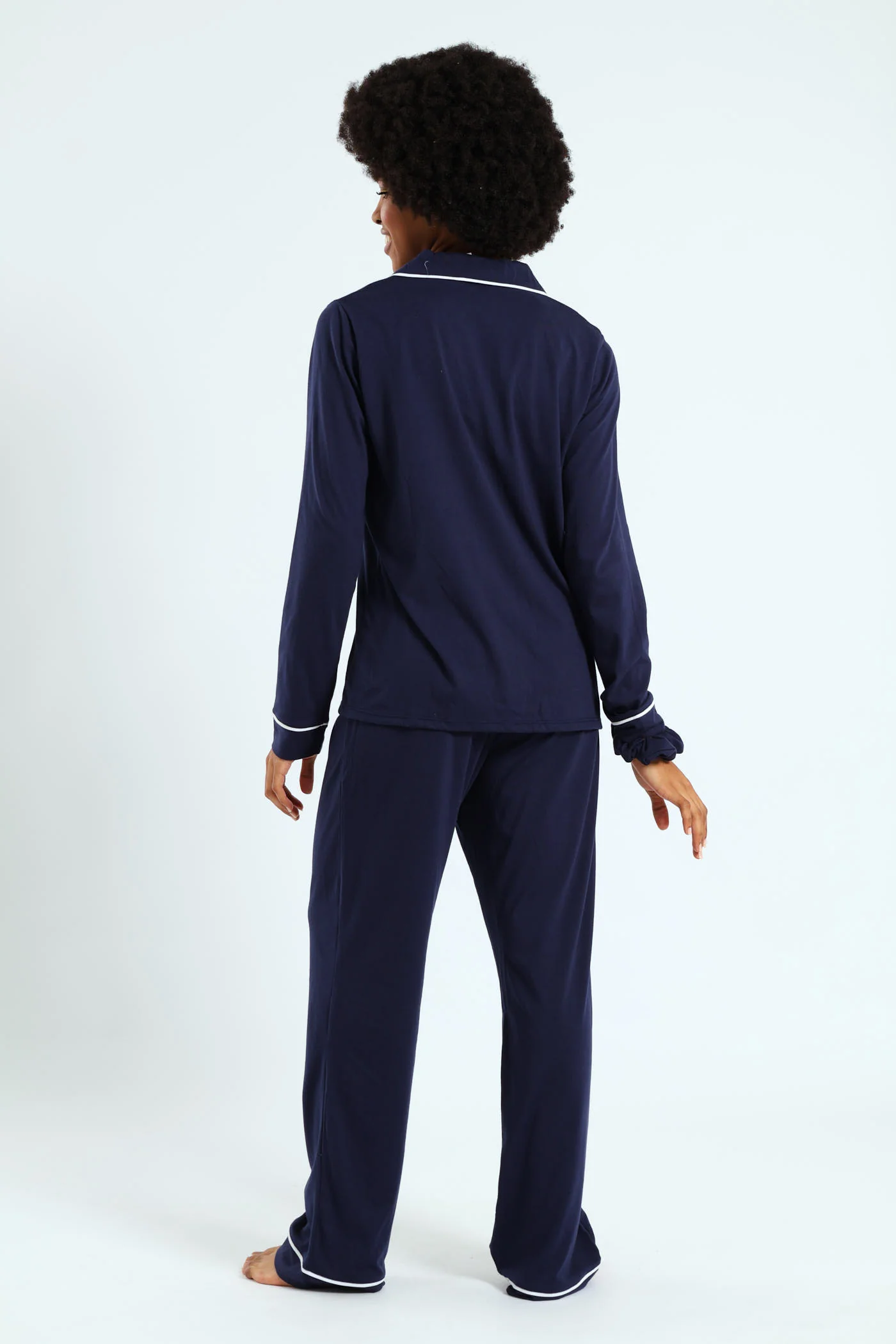Long Sleeve Button Thorugh & Knit Pant Set With Scrunchie - Navy - Image 9