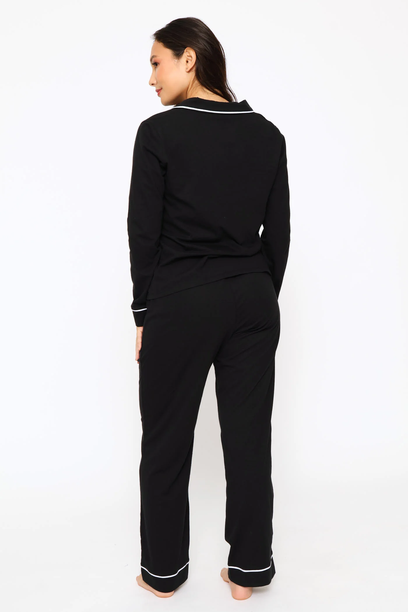 Long Sleeve Button Through & Knit Pant Set - Black - Image 3