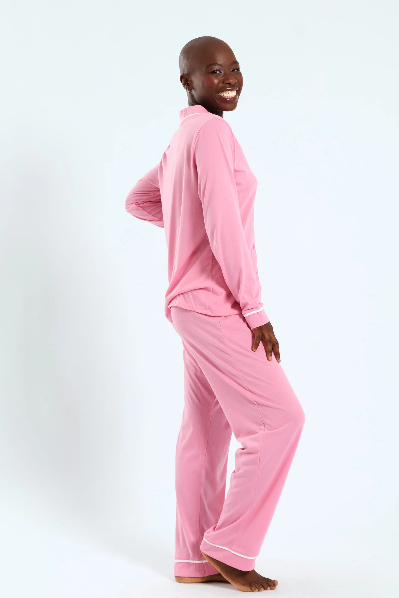 Long Sleeve Button Through & Knit Pant Set - Dusty Pink - Image 2