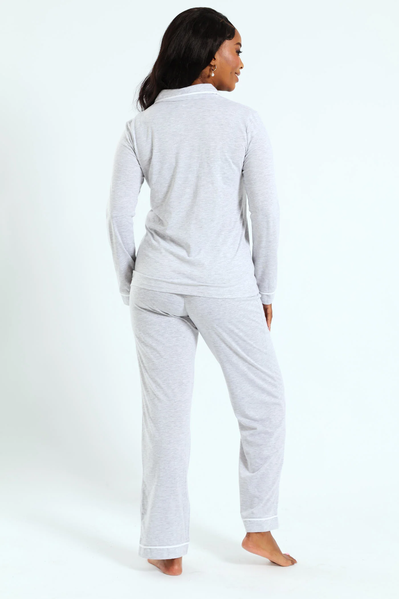 Long Sleeve Button Through & Knit Pants Set - Grey Melange - Image 2
