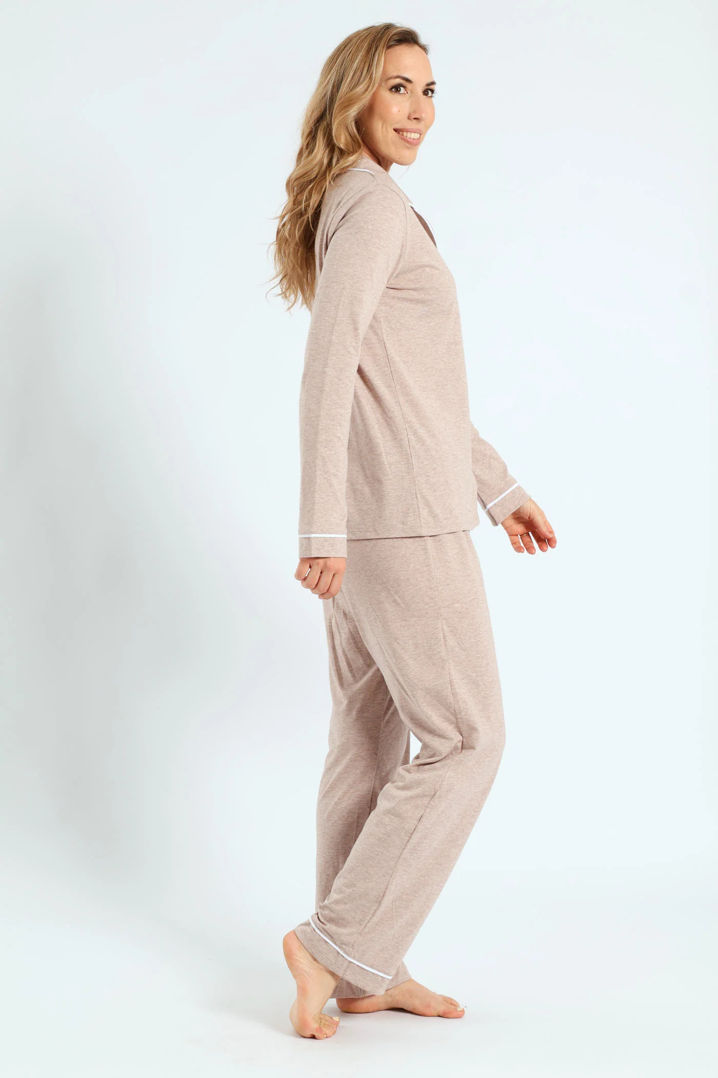 Long Sleeve Button Through & Knit Pant Set - Oatmeal - Image 3