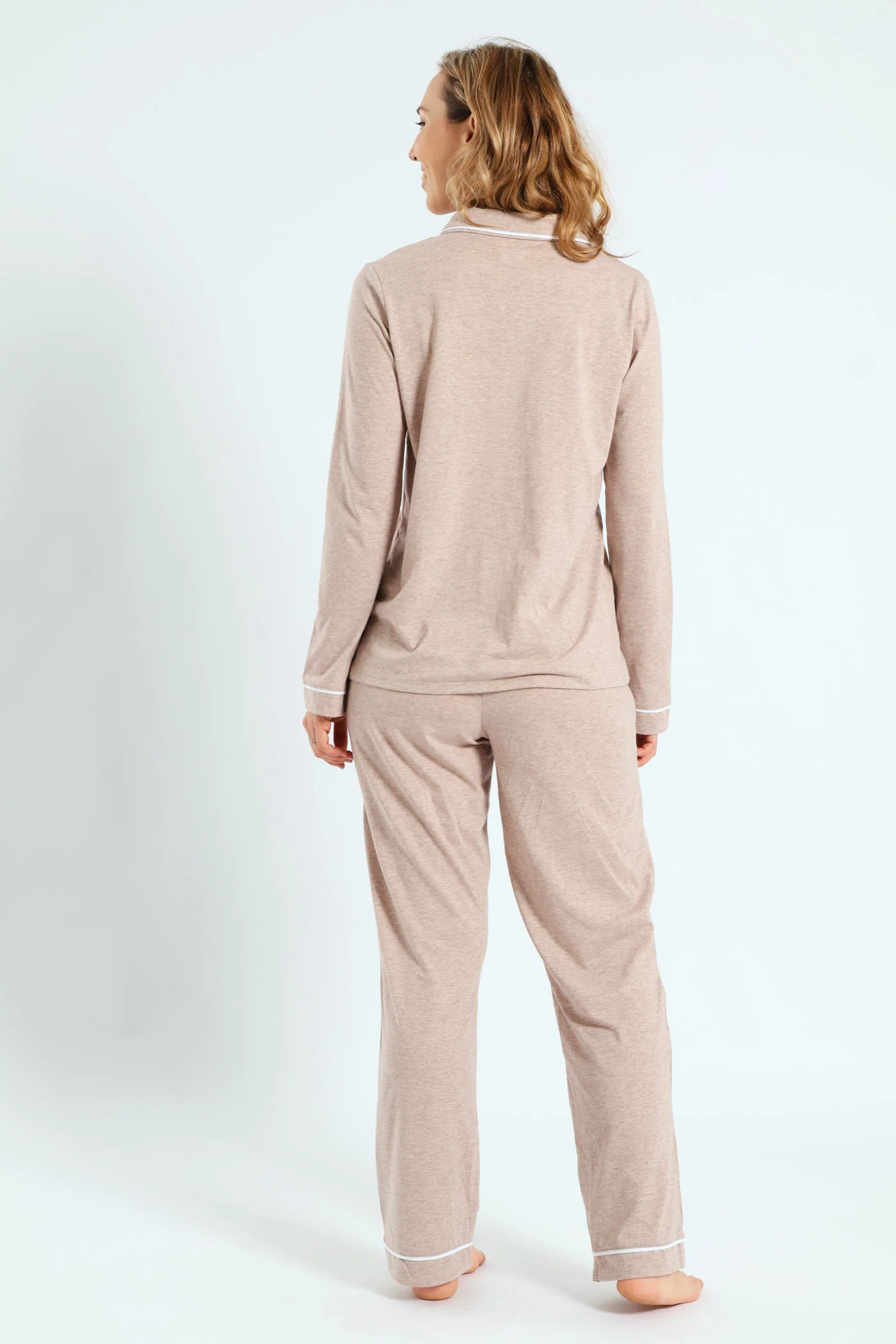 Long Sleeve Button Through & Knit Pant Set - Oatmeal - Image 4