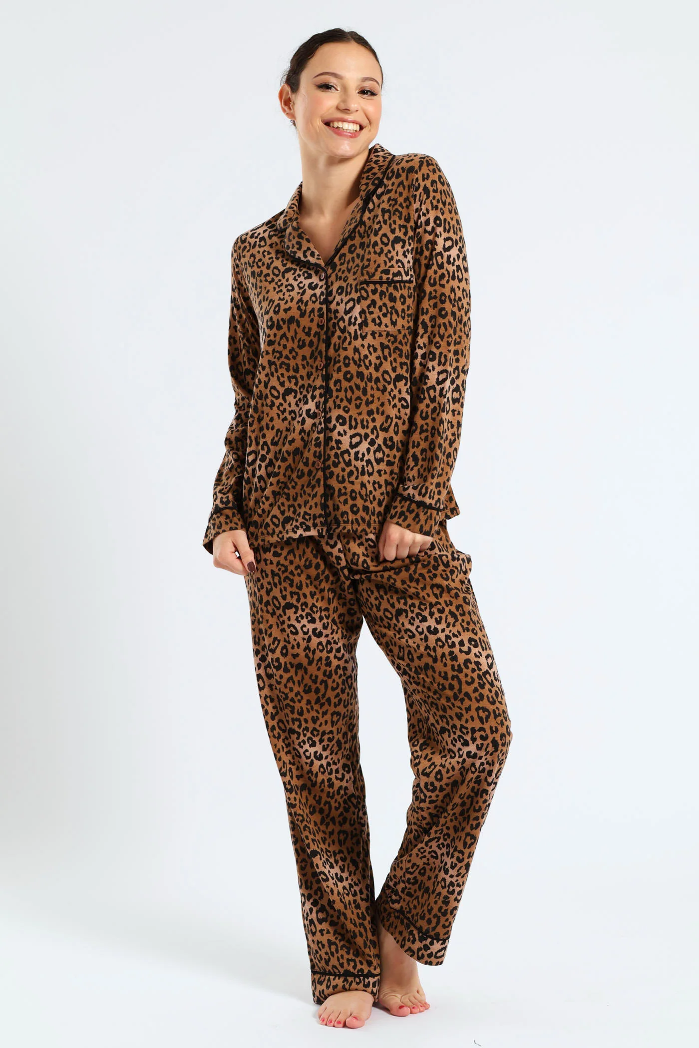 Long Sleeve Button Through & Knit Pant Set With Scrunchie - Black/Brown - Image 5