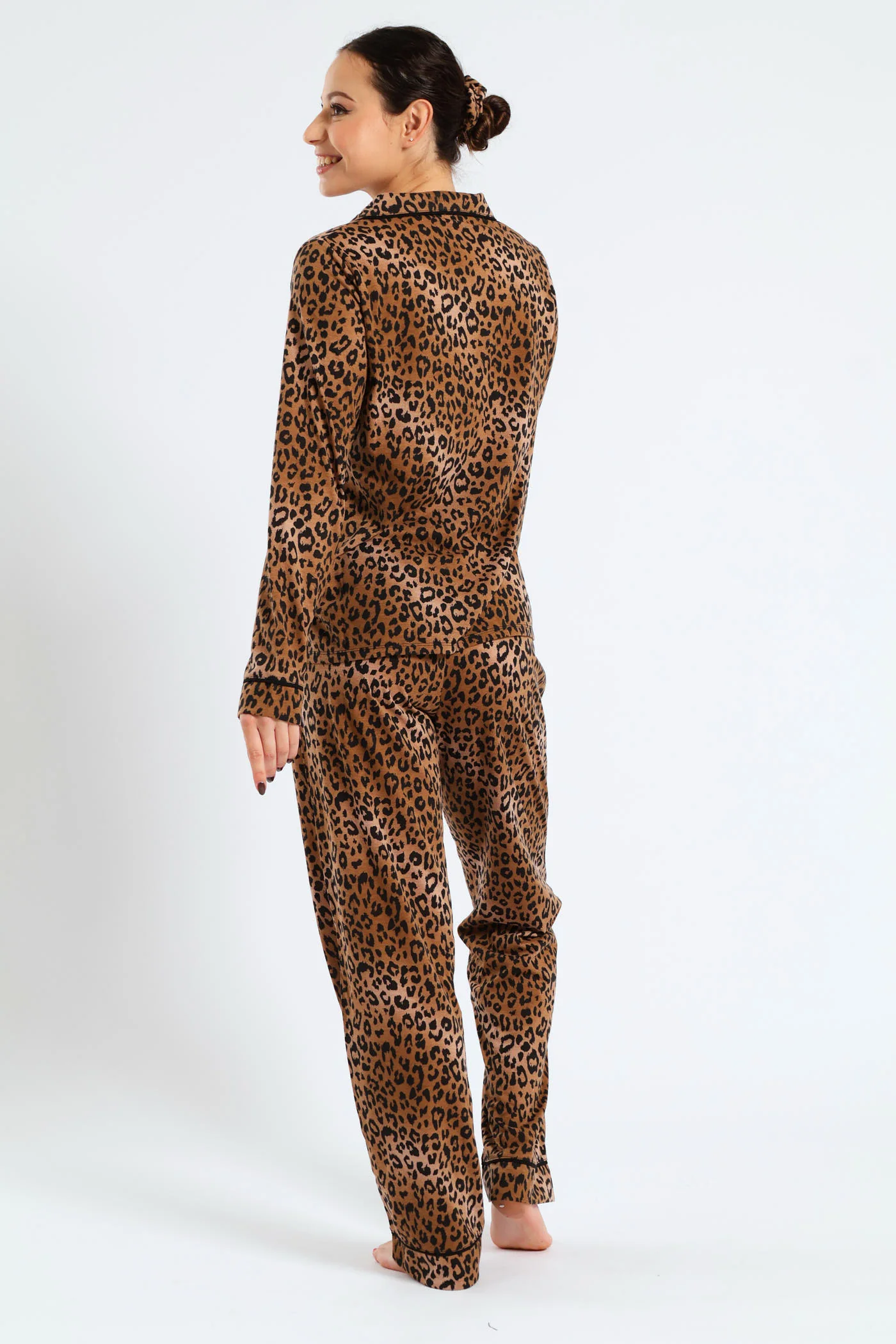Long Sleeve Button Through & Knit Pant Set With Scrunchie - Black/Brown - Image 6