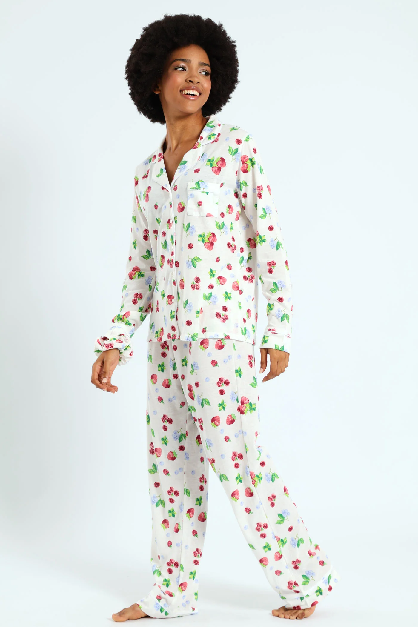 Long Sleeve Button Through & Knit Pant Set With Scrunchie - White - Image 3