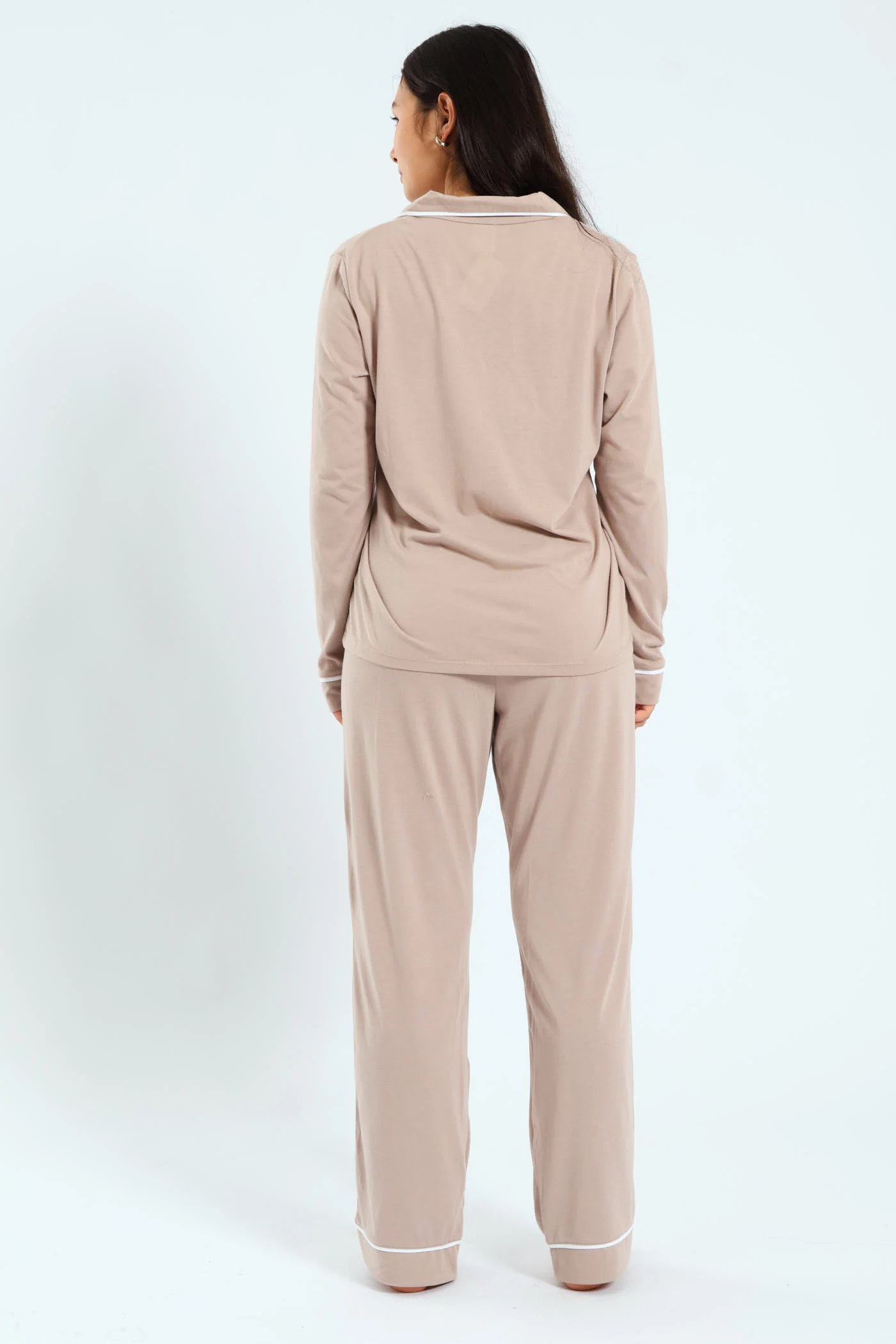 Long Sleeve Button Through & Pants Knit Set - Light Brown - Image 3