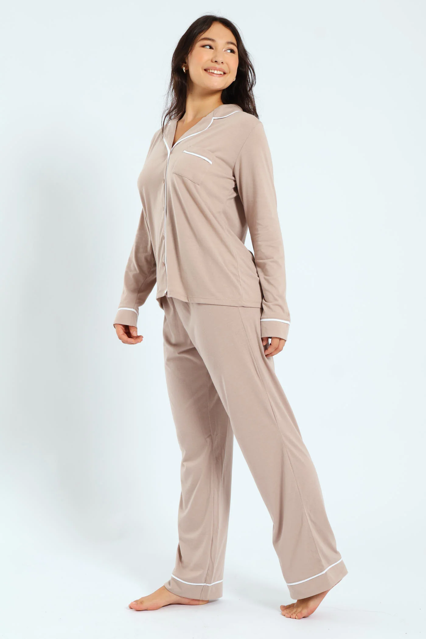Long Sleeve Button Through & Pants Knit Set - Light Brown - Image 4