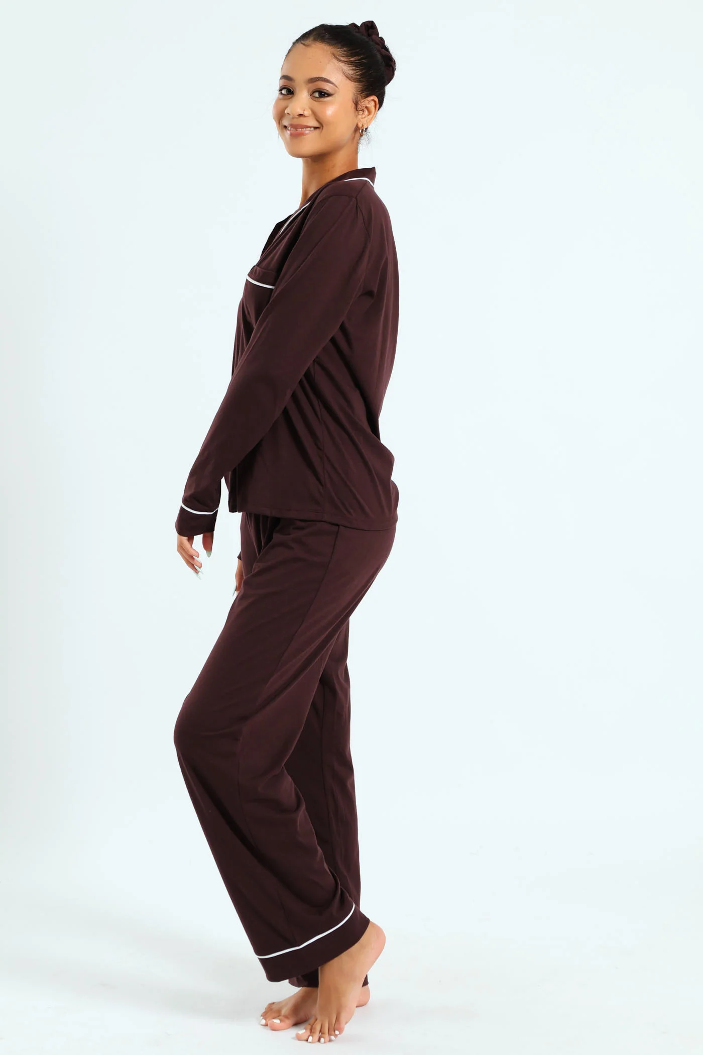 Long Sleeve Button Through & Pants Knit Set With Scrunchie - Chocolate - Image 3