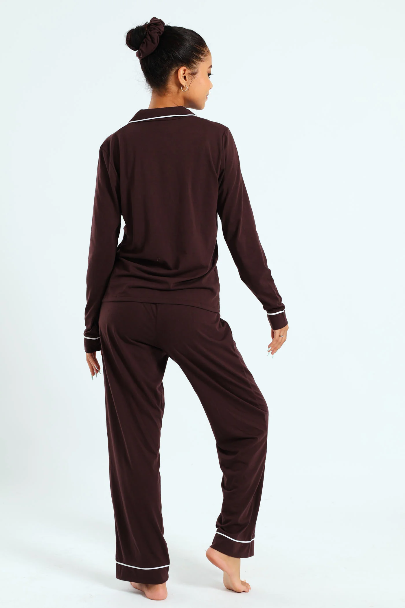 Long Sleeve Button Through & Pants Knit Set With Scrunchie - Chocolate - Image 4