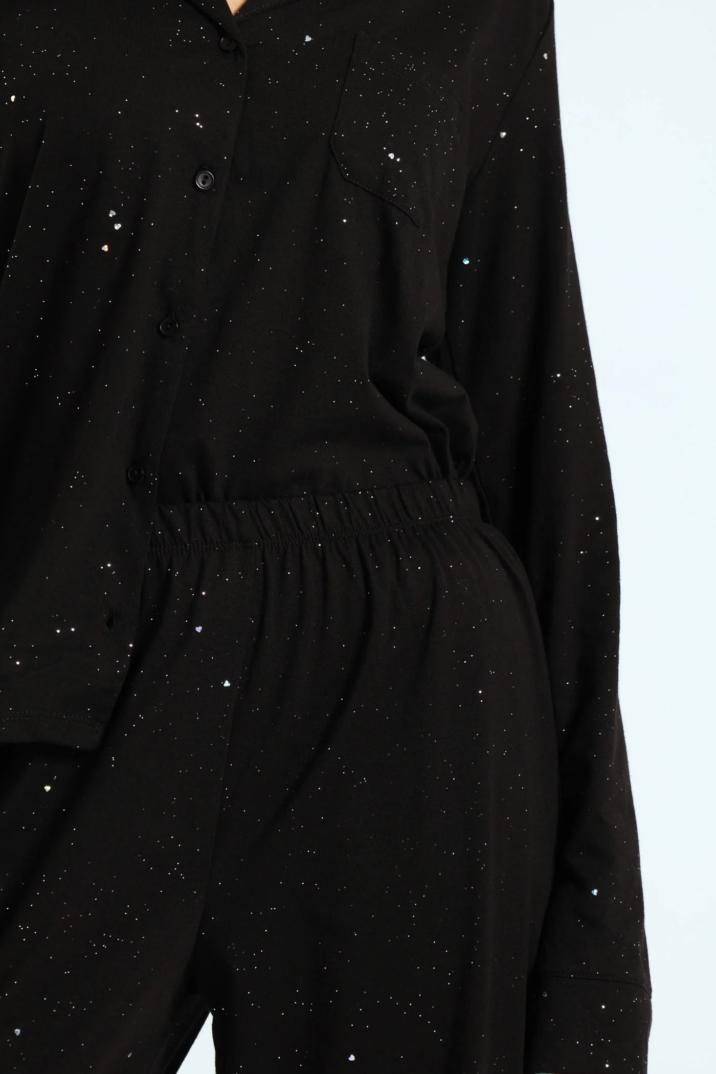 Long Sleeve Button Through & Pant Sparkle Knit Set With Scrunchie - Black - Image 3