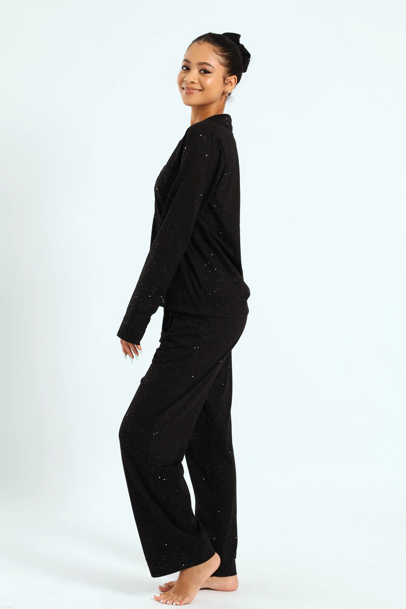 Long Sleeve Button Through & Pant Sparkle Knit Set With Scrunchie - Black - Image 5