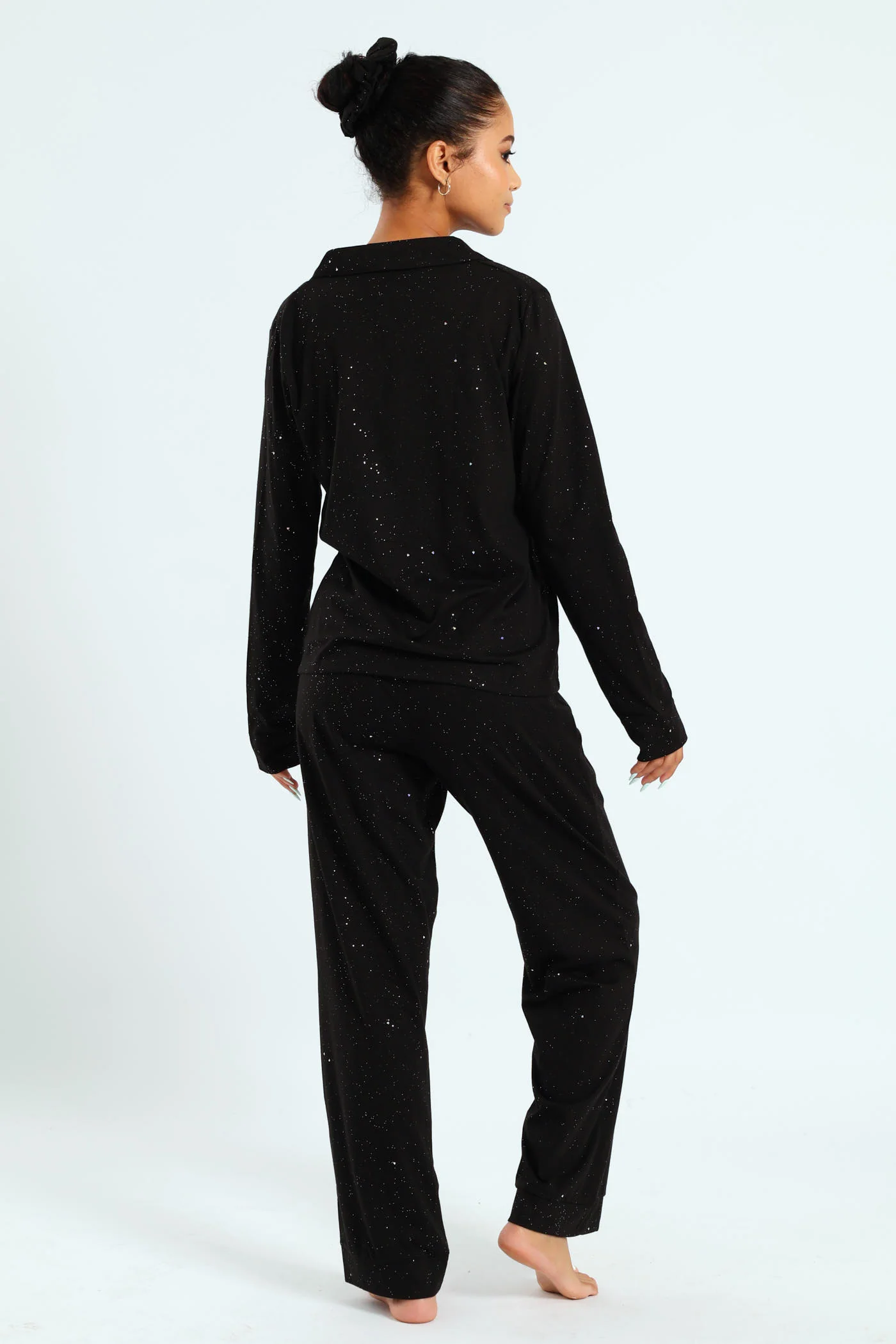 Long Sleeve Button Through & Pant Sparkle Knit Set With Scrunchie - Black - Image 6