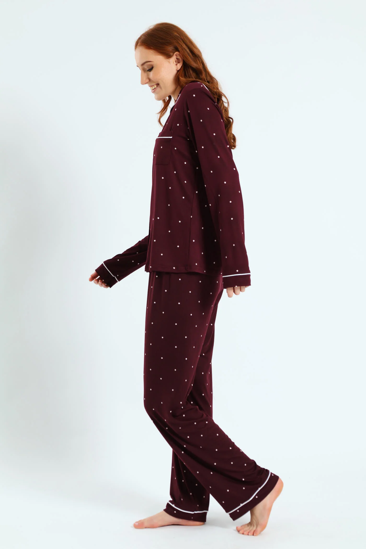 Long Sleeve Button Through & Pant Stars Soft Touch Set - Burgundy - Image 2