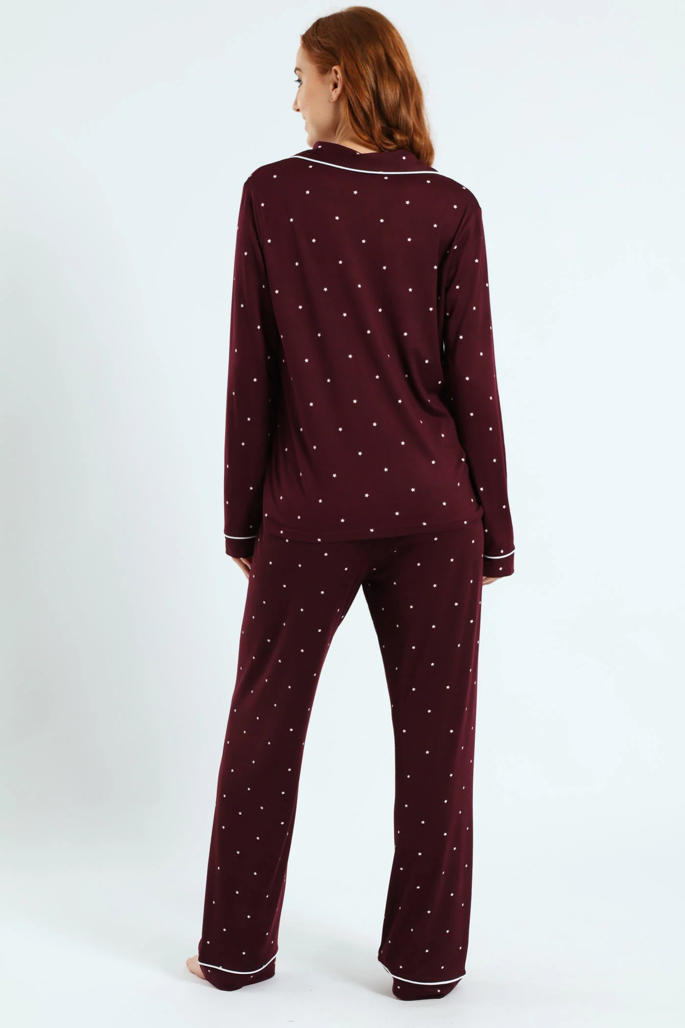 Long Sleeve Button Through & Pant Stars Soft Touch Set - Burgundy - Image 3