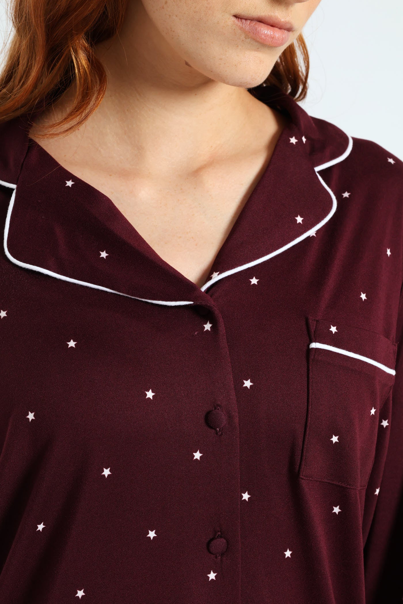 Long Sleeve Button Through & Pant Stars Soft Touch Set - Burgundy - Image 4