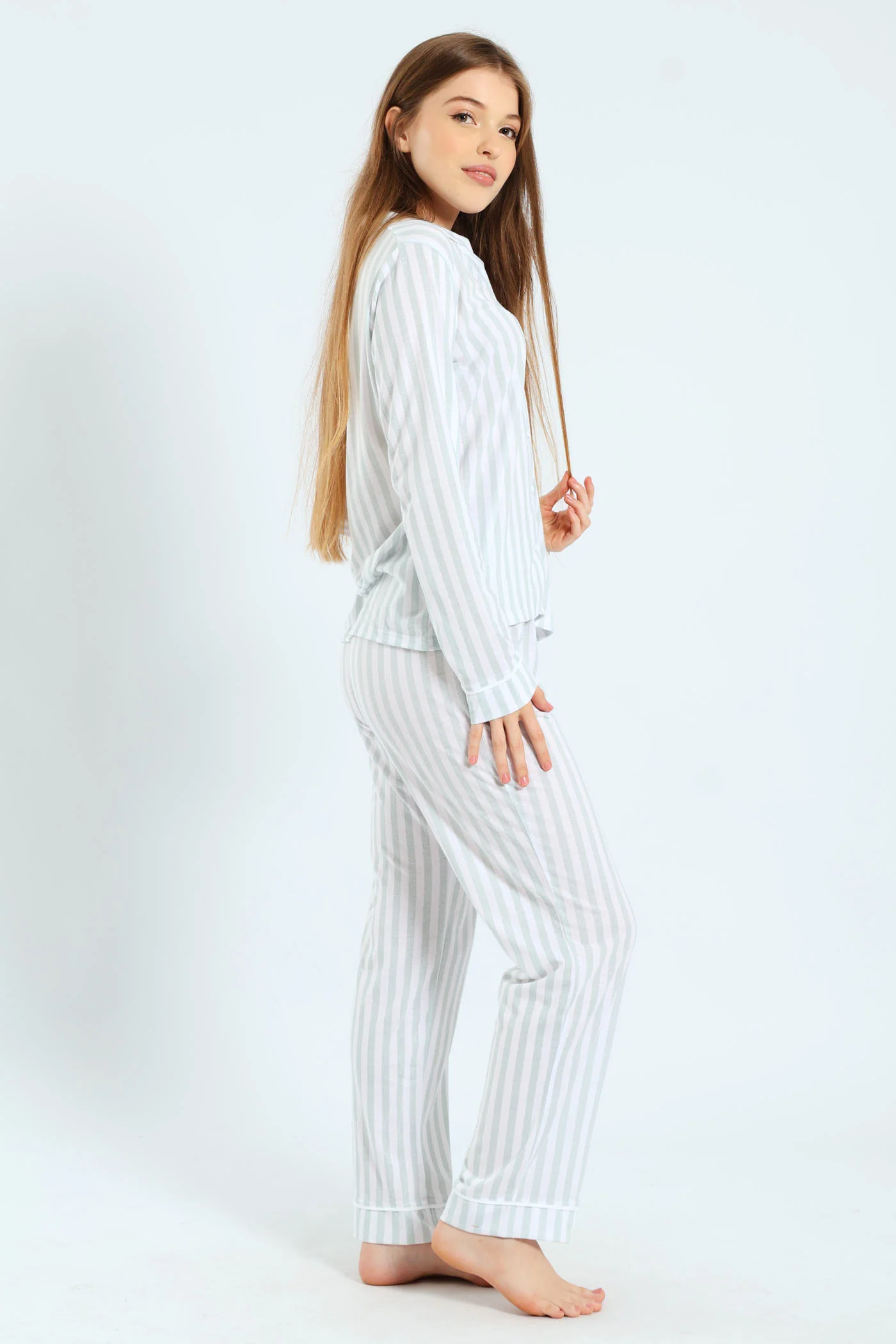 Long Sleeve Button Through & Pants Stripe Knit Set - Duck Egg - Image 3