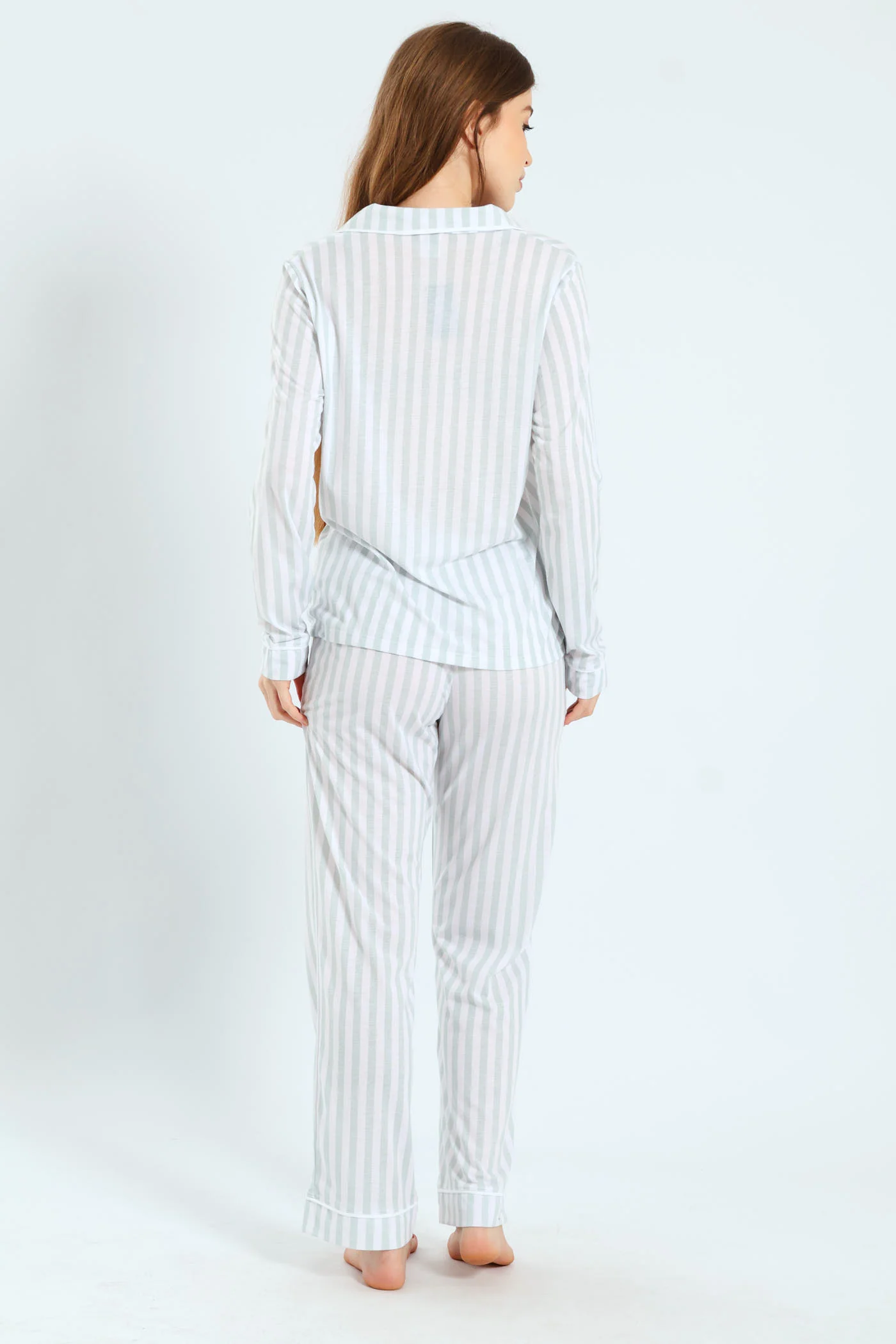 Long Sleeve Button Through & Pants Stripe Knit Set - Duck Egg - Image 4
