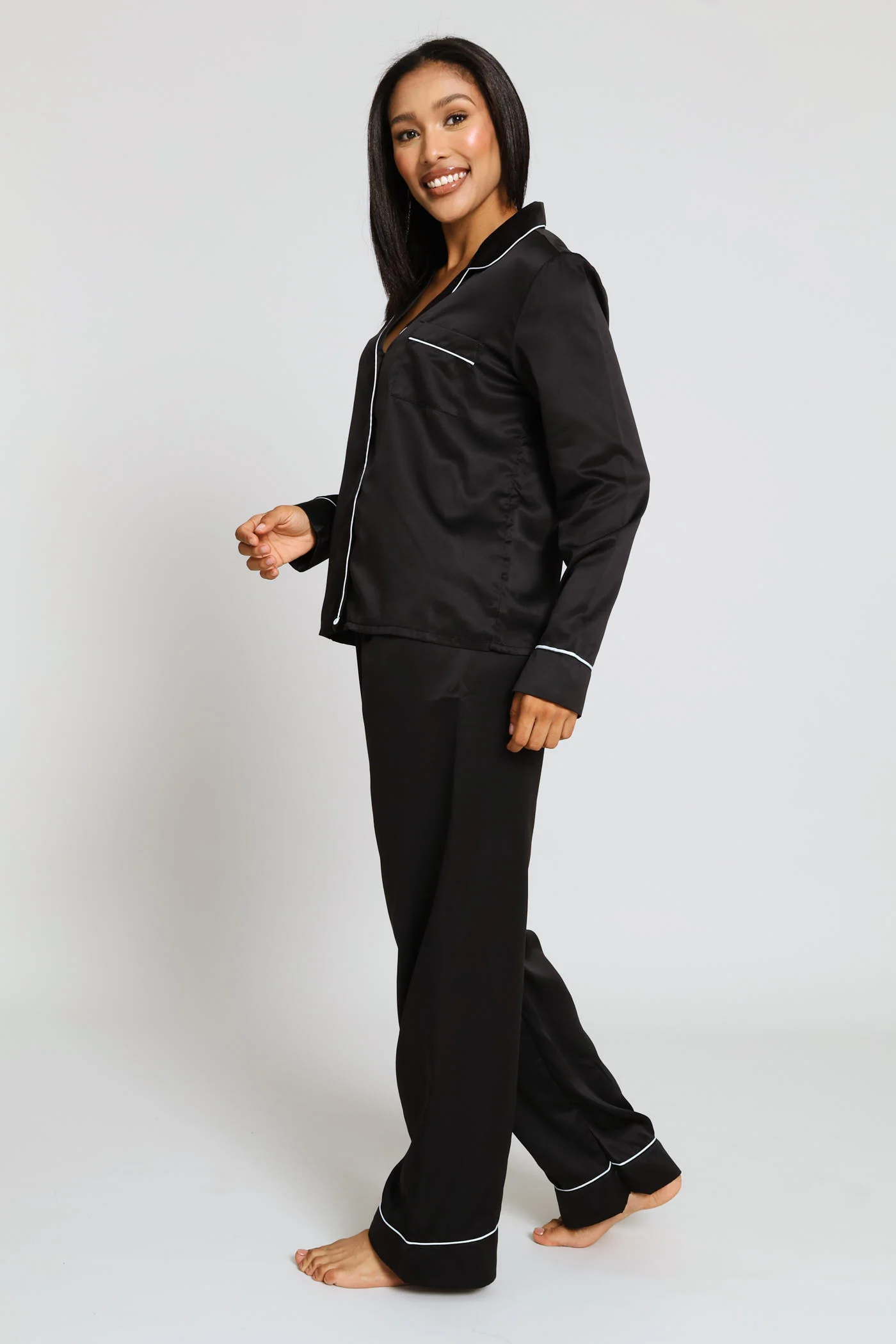 Long Sleeve Button Through & Satin Pant Set - Black - Image 3