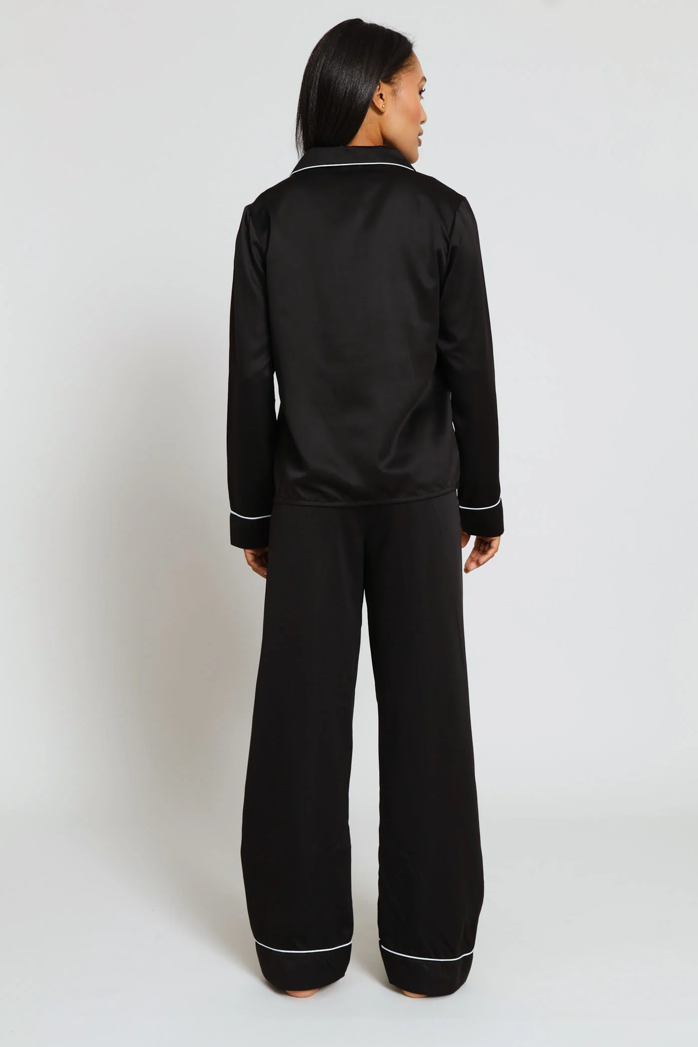 Long Sleeve Button Through & Satin Pant Set - Black - Image 4