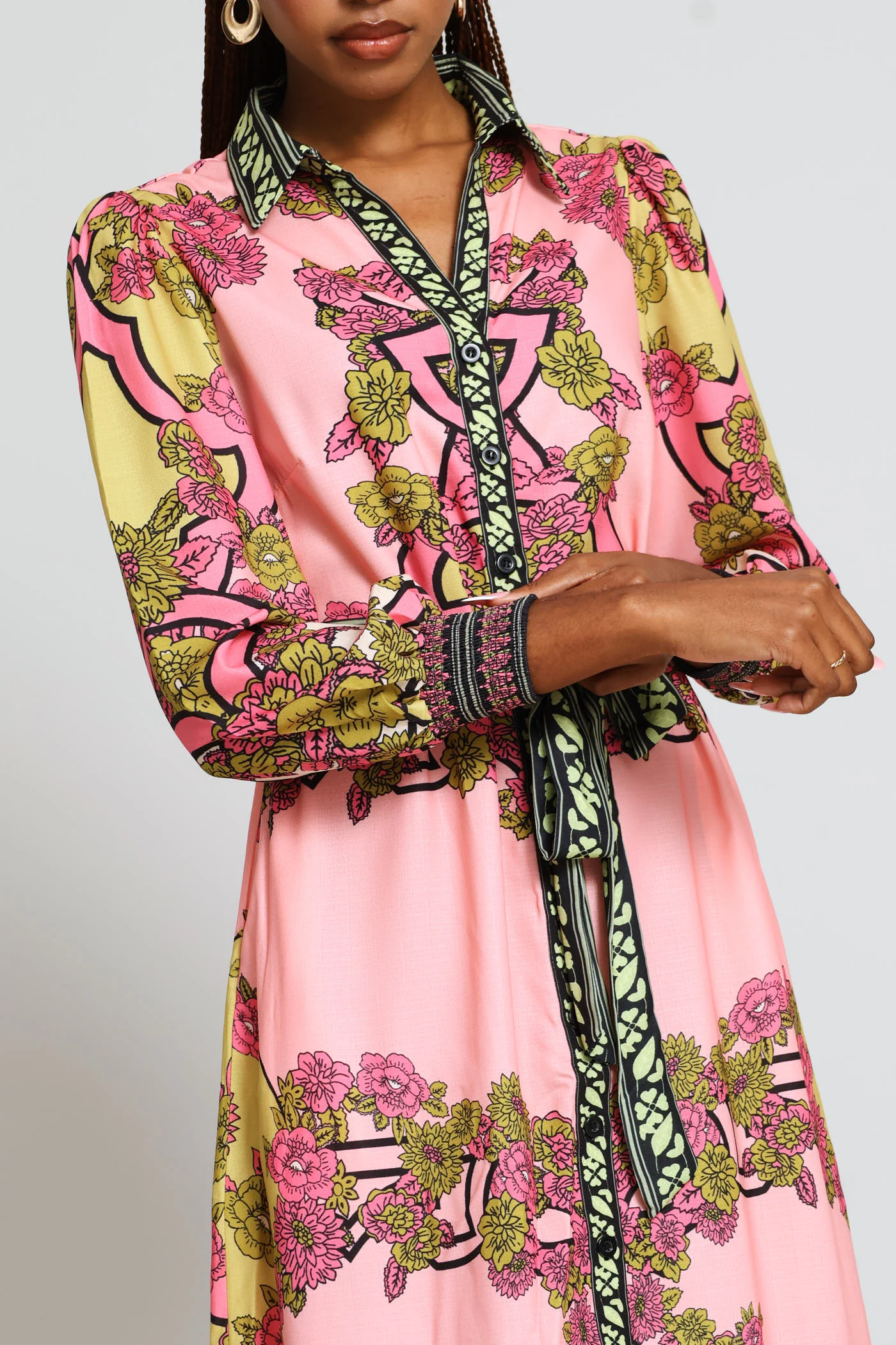 Long Sleeve Button Through Border Print Collared Maxi Dress - Pink - Image 2