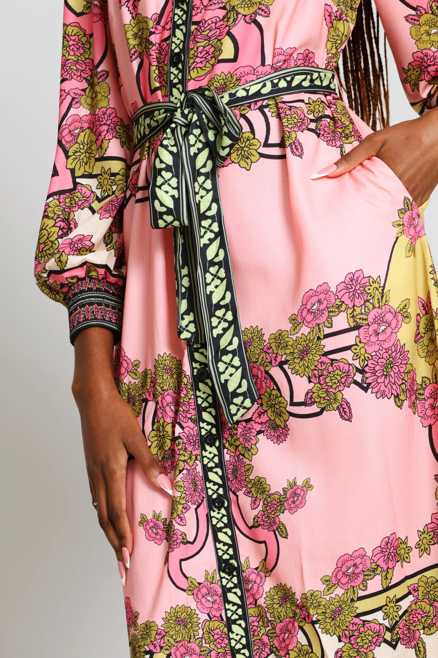 Long Sleeve Button Through Border Print Collared Maxi Dress - Pink - Image 3