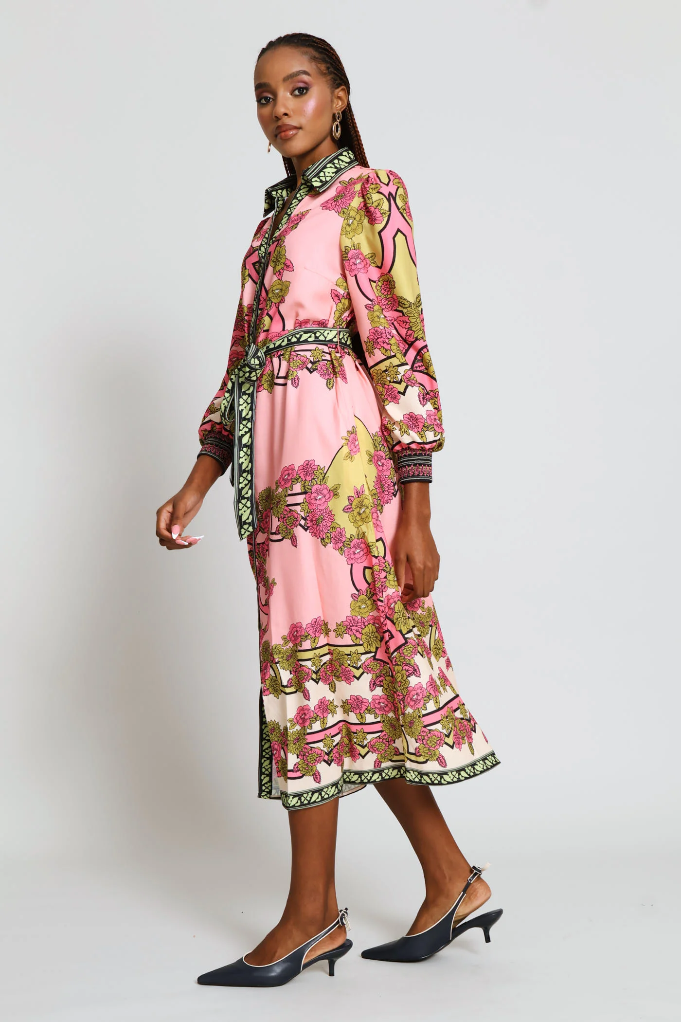 Long Sleeve Button Through Border Print Collared Maxi Dress - Pink - Image 4
