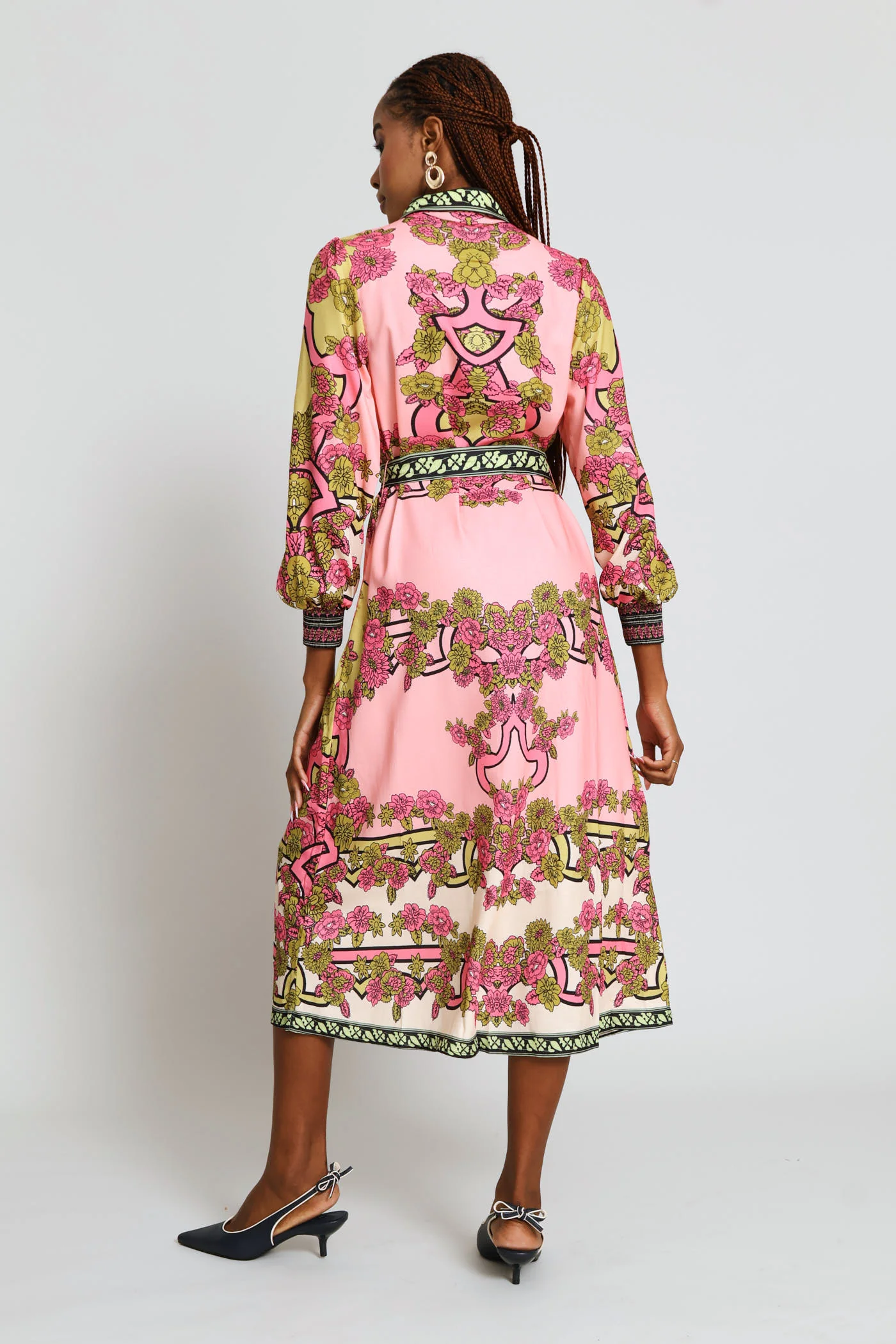 Long Sleeve Button Through Border Print Collared Maxi Dress - Pink - Image 5