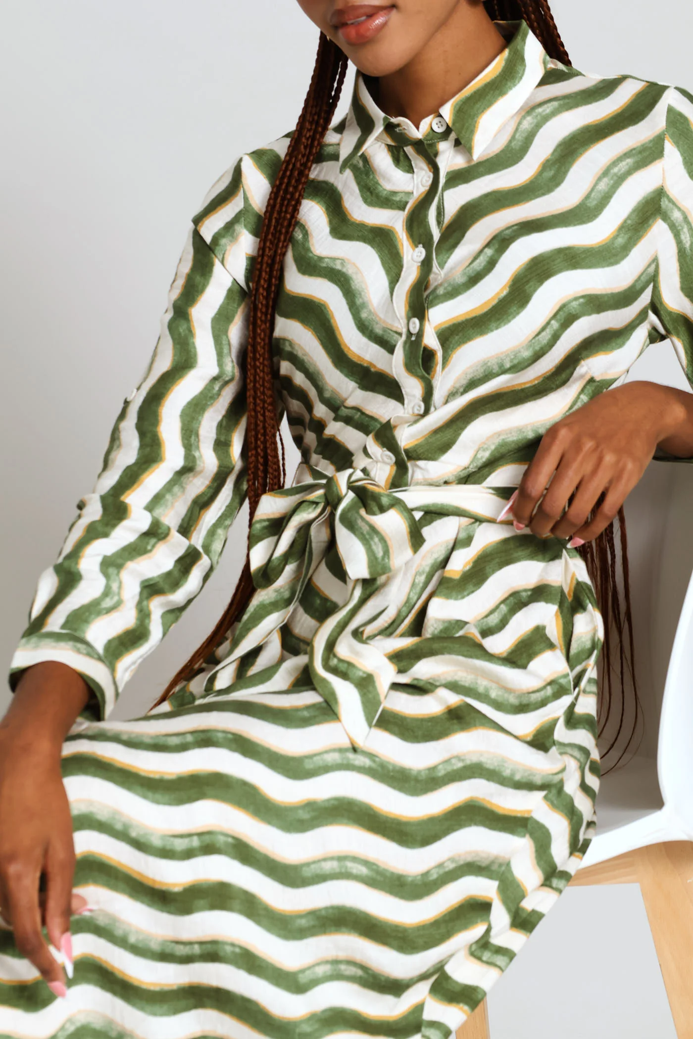 Long Sleeve Button Through Collar Maxi Dress - Green - Image 2