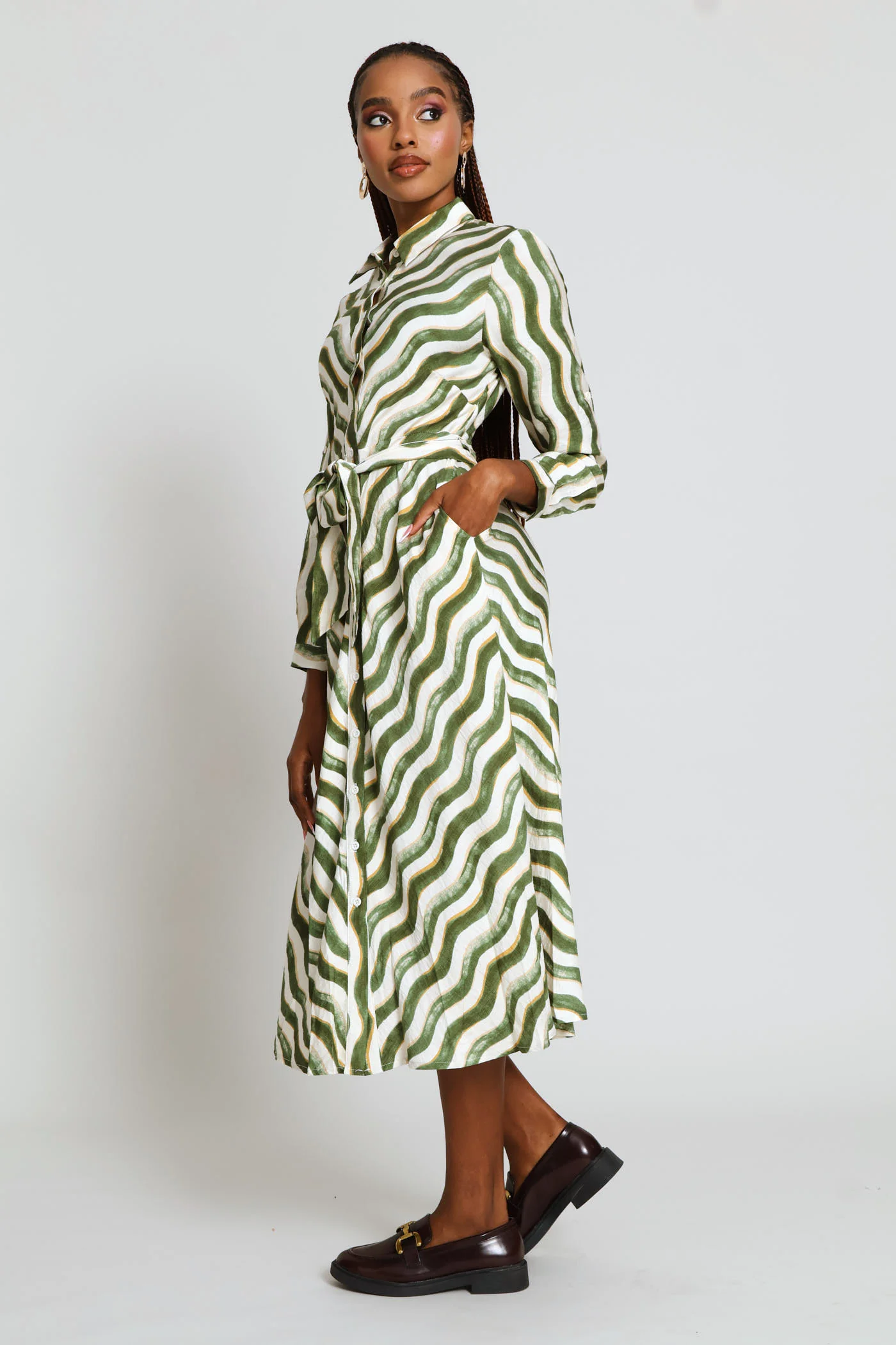 Long Sleeve Button Through Collar Maxi Dress - Green - Image 3