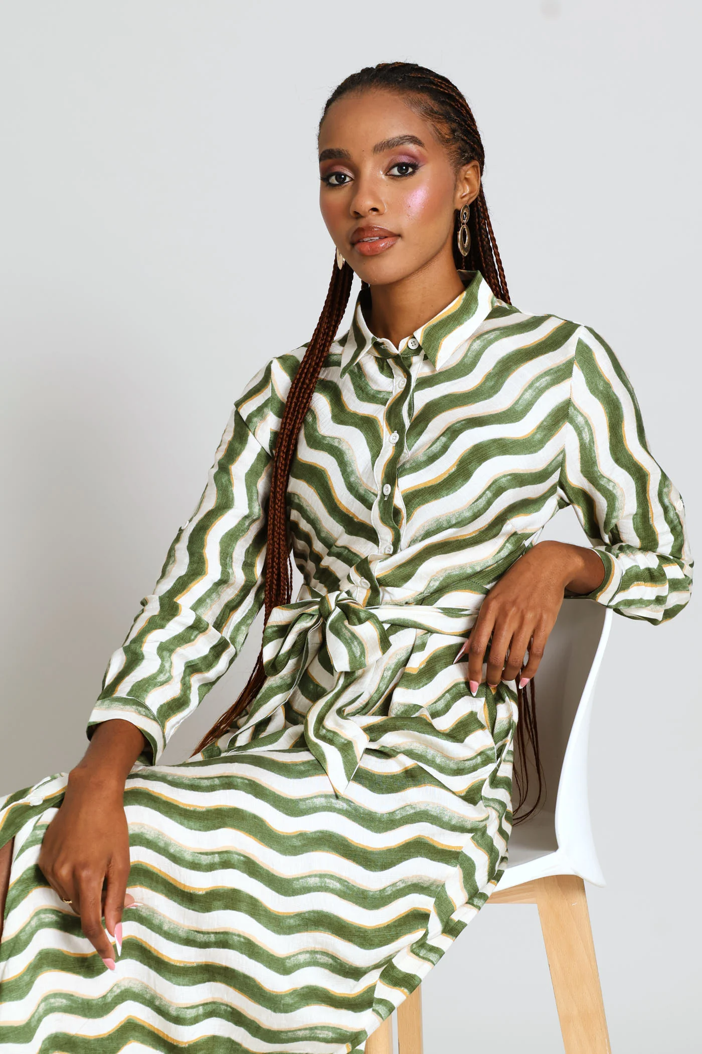 Long Sleeve Button Through Collar Maxi Dress - Green - Image 6