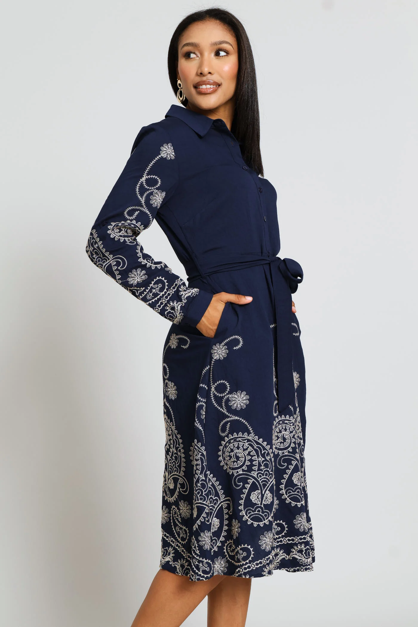 Long Sleeve Button Through Embroidered Midi Dress - Navy - Image 2